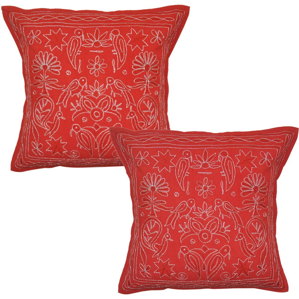 Red Color Indina Cushion Covers Designer Embroiered Cotton Pillow Case Gift 16