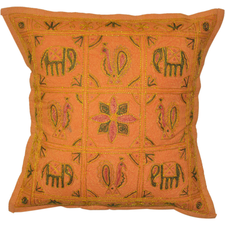 Handmade Indian Square Pillow Cases Embroidere?d Orange Cushion Cover Set 2PC 16