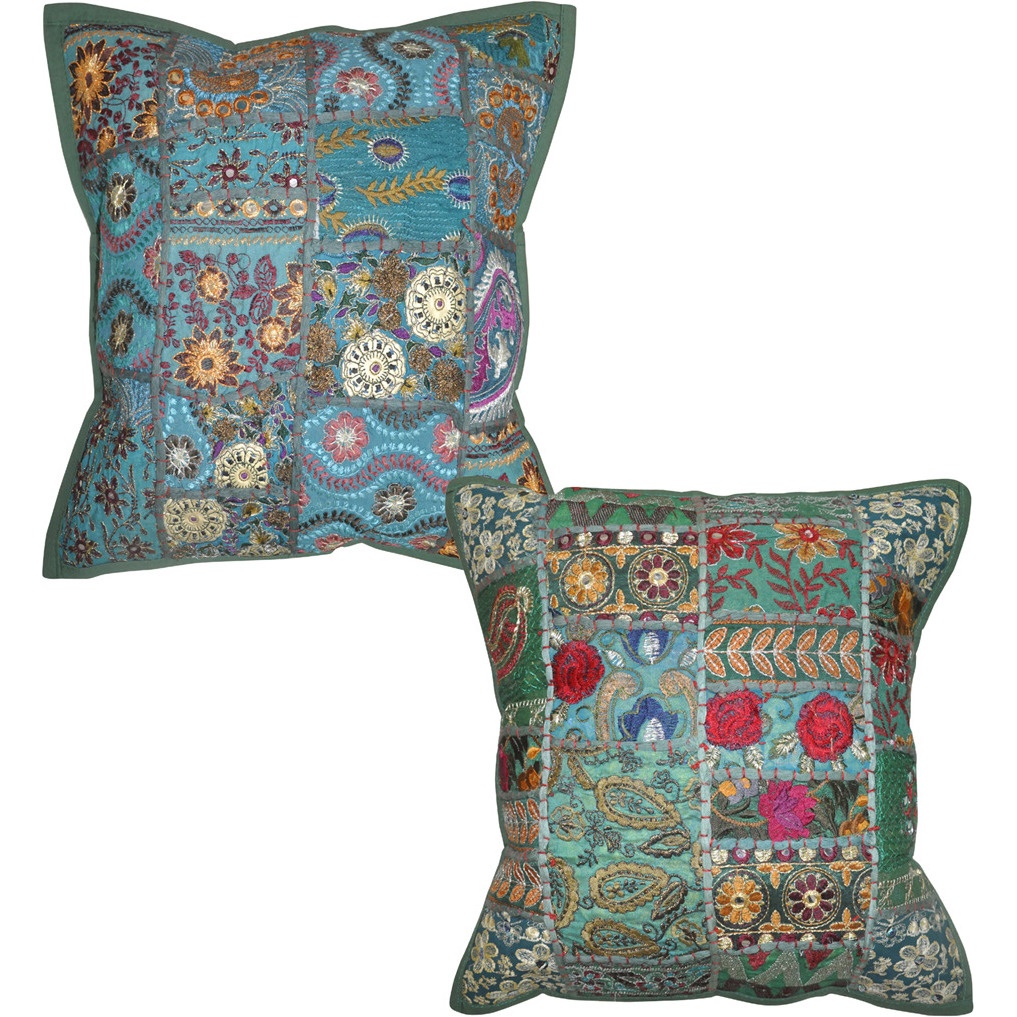 Indian Embroidered Bed Pillow Cover Sofa Pair 40 X 40 Cm
