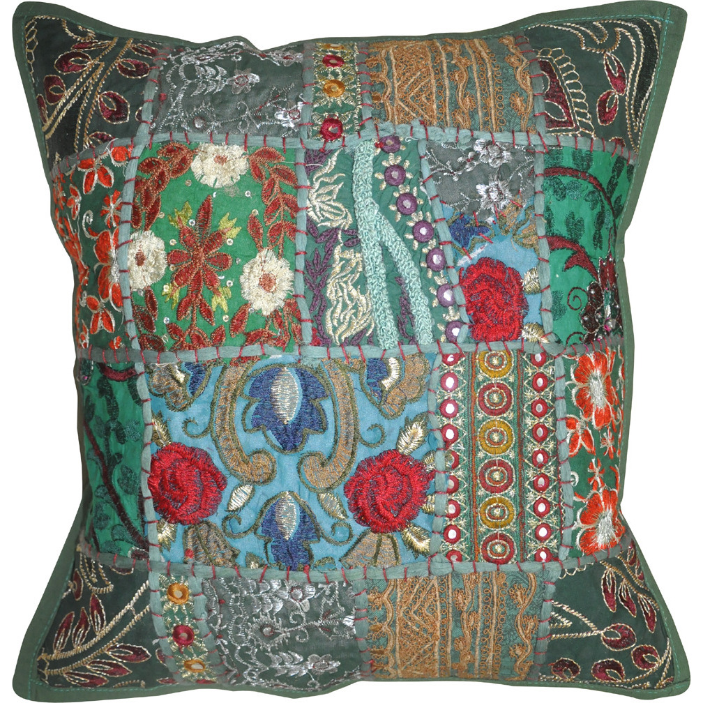 Indian Embroidered Bed Pillow Cover Sofa Pair 40 X 40 Cm