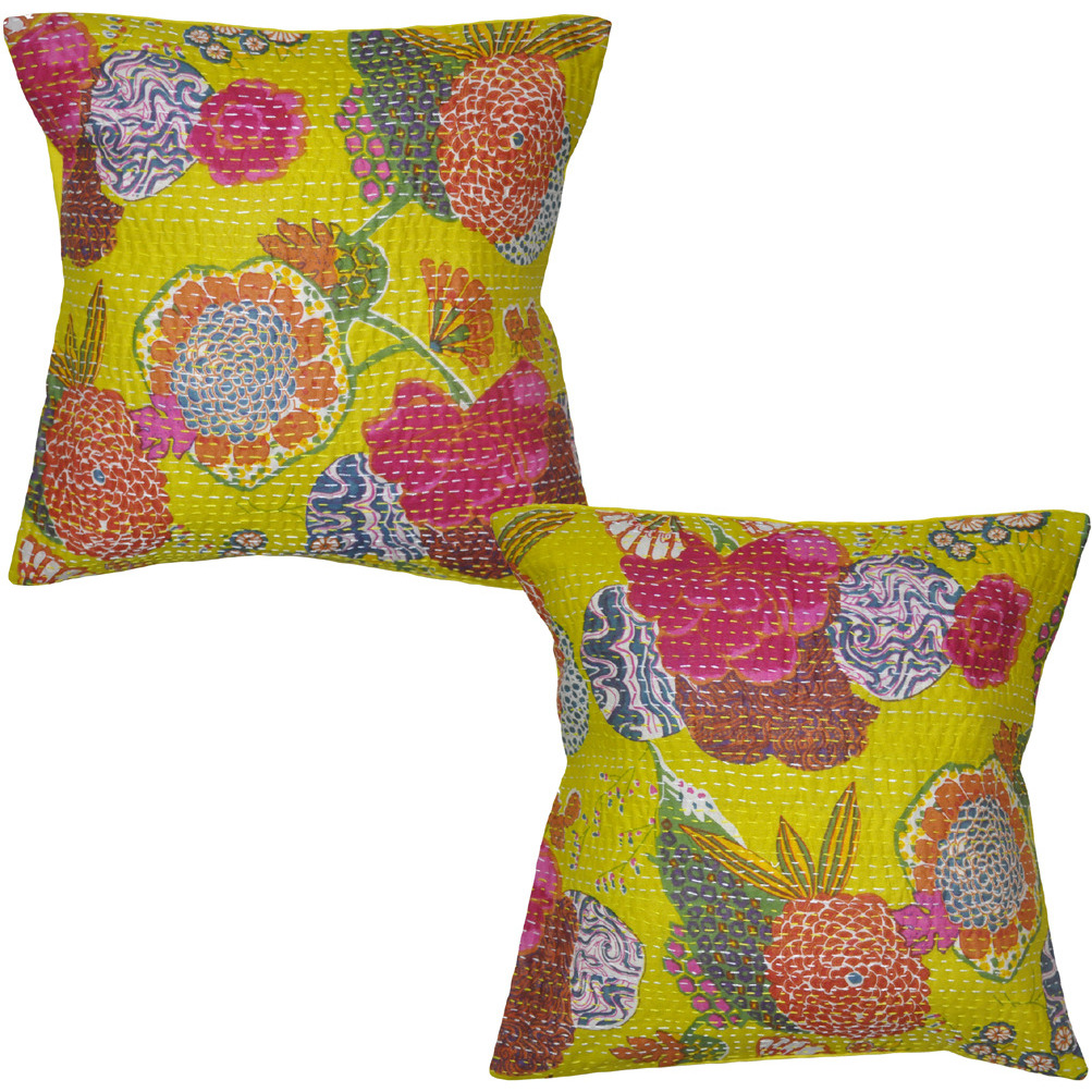 Cotton Cushion Covers Indian Handmade Kantha Yellow Pillow Case 16 X 16 Inch