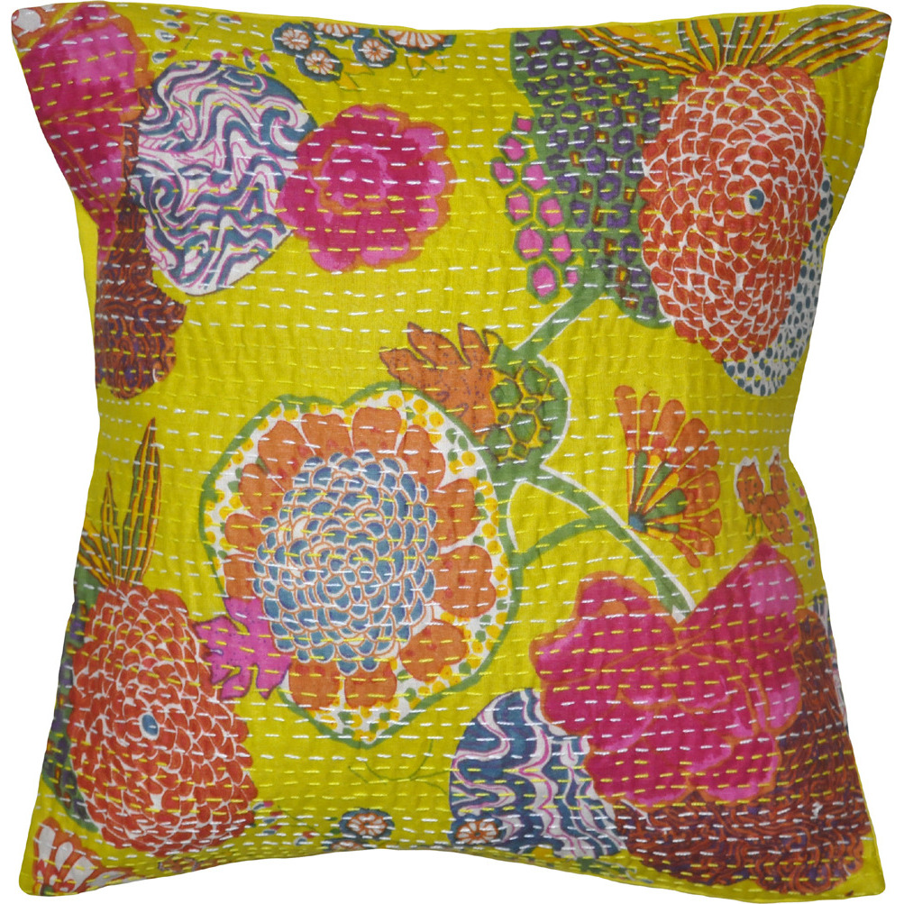 Cotton Cushion Covers Indian Handmade Kantha Yellow Pillow Case 16 X 16 Inch