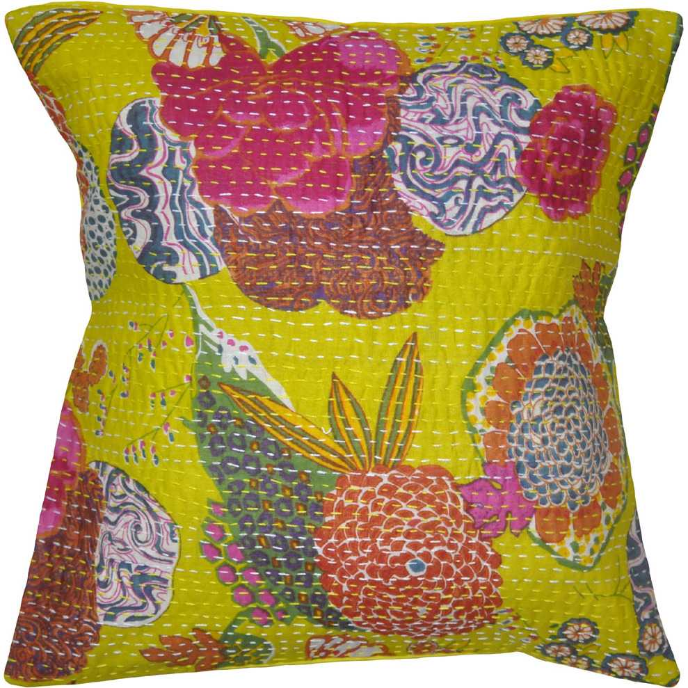 Cotton Cushion Covers Indian Handmade Kantha Yellow Pillow Case 16 X 16 Inch