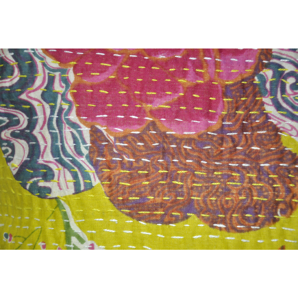 Cotton Cushion Covers Indian Handmade Kantha Yellow Pillow Case 16 X 16 Inch