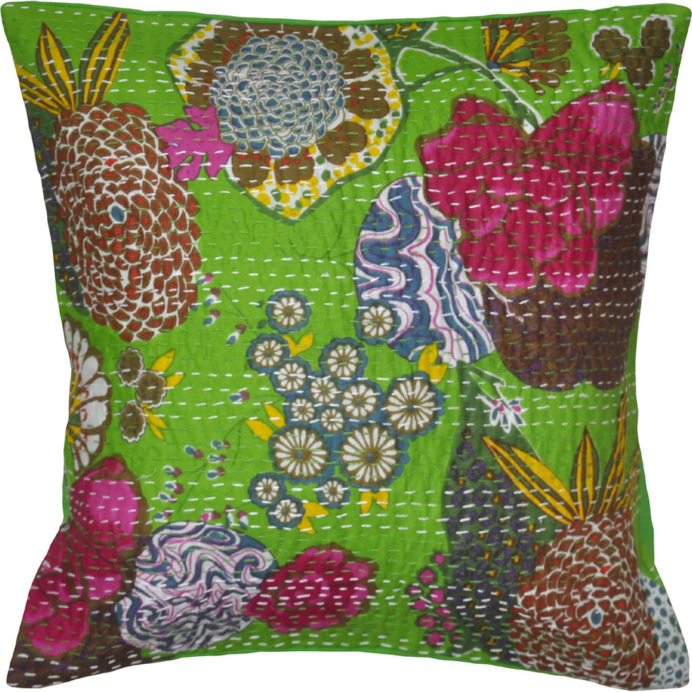 Printed Green Cotton Cushion Covers Pair Indian Vintage Throw Pillow Case 16X16 Inch