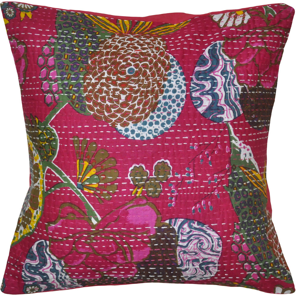 Indian Vintage Handmade Kantha Printed Cotton Pink Cushion Covers Throw 16 Inch X16 Inch
