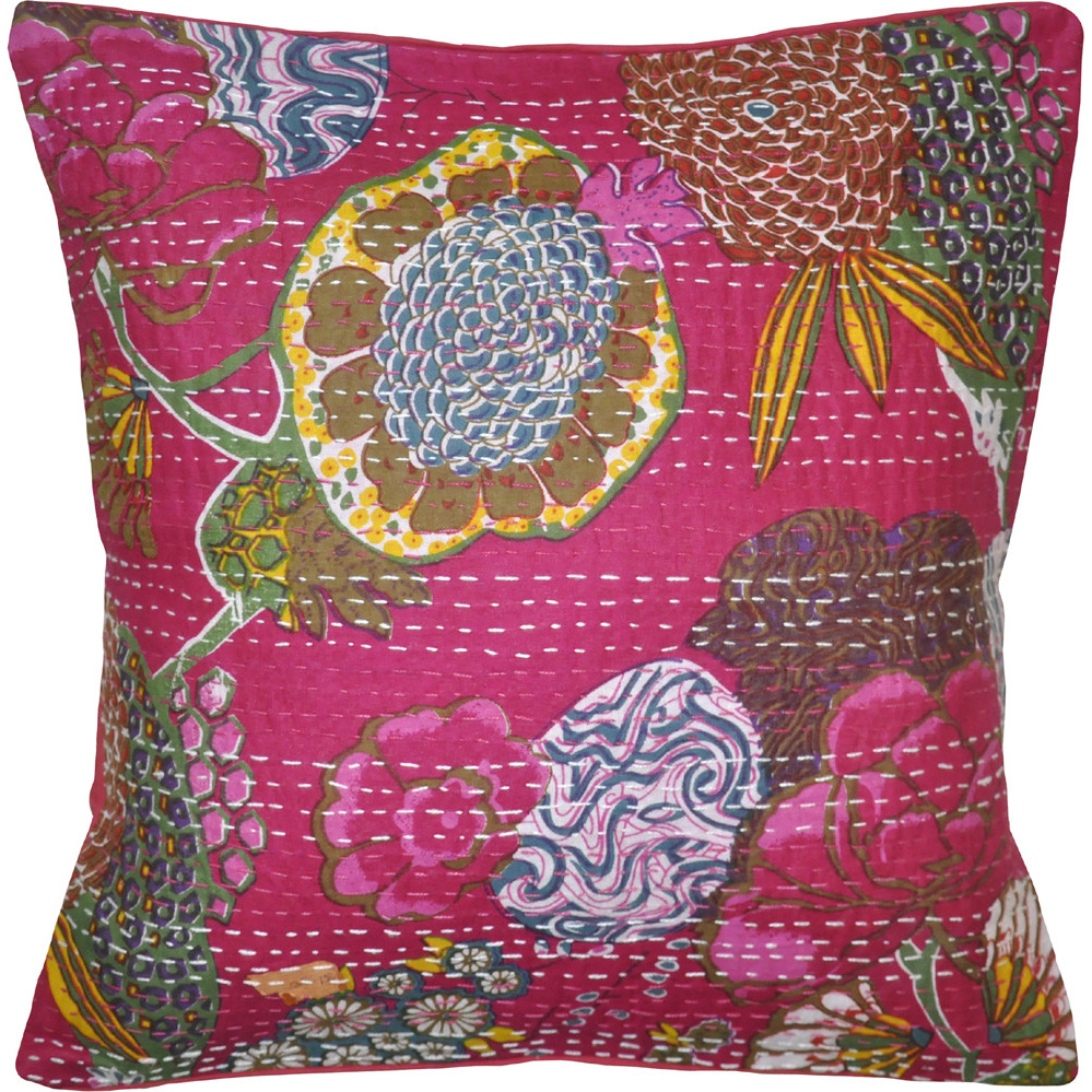 Indian Vintage Handmade Kantha Printed Cotton Pink Cushion Covers Throw 16 Inch X16 Inch
