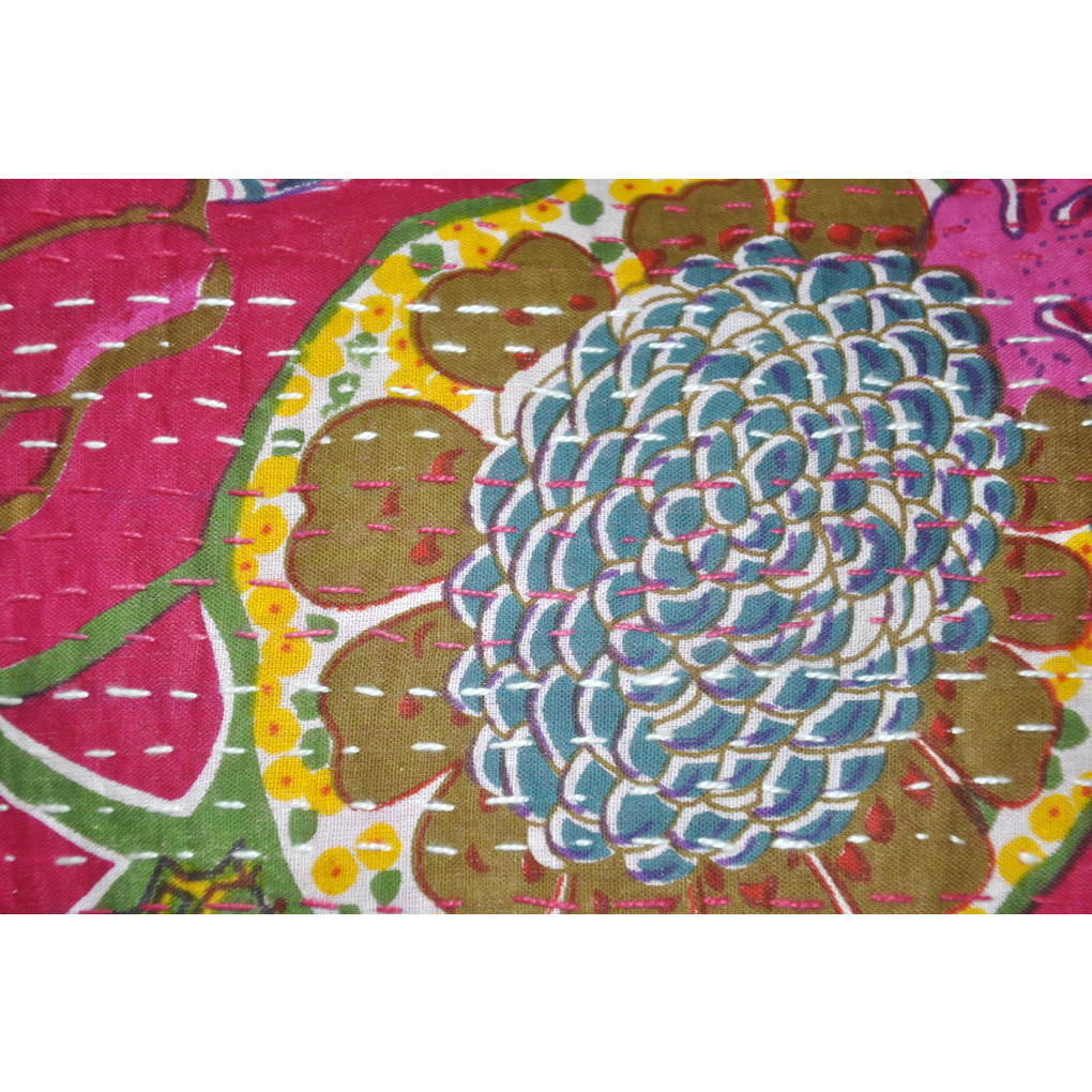 Indian Vintage Handmade Kantha Printed Cotton Pink Cushion Covers Throw 16 Inch X16 Inch