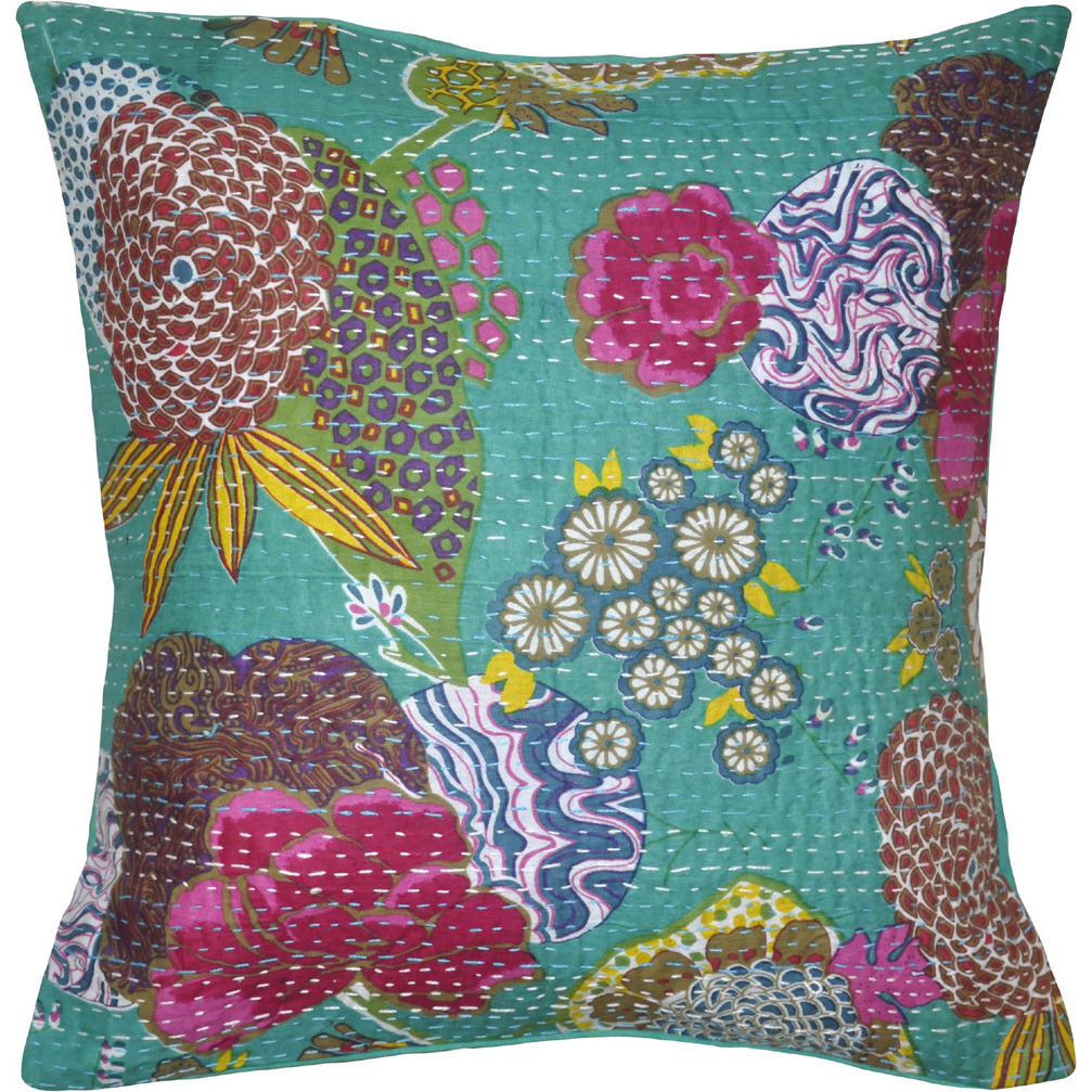 Green Cotton Cushion Covers Pair Indian Printed Handmade Pillow Case Throw 16X16