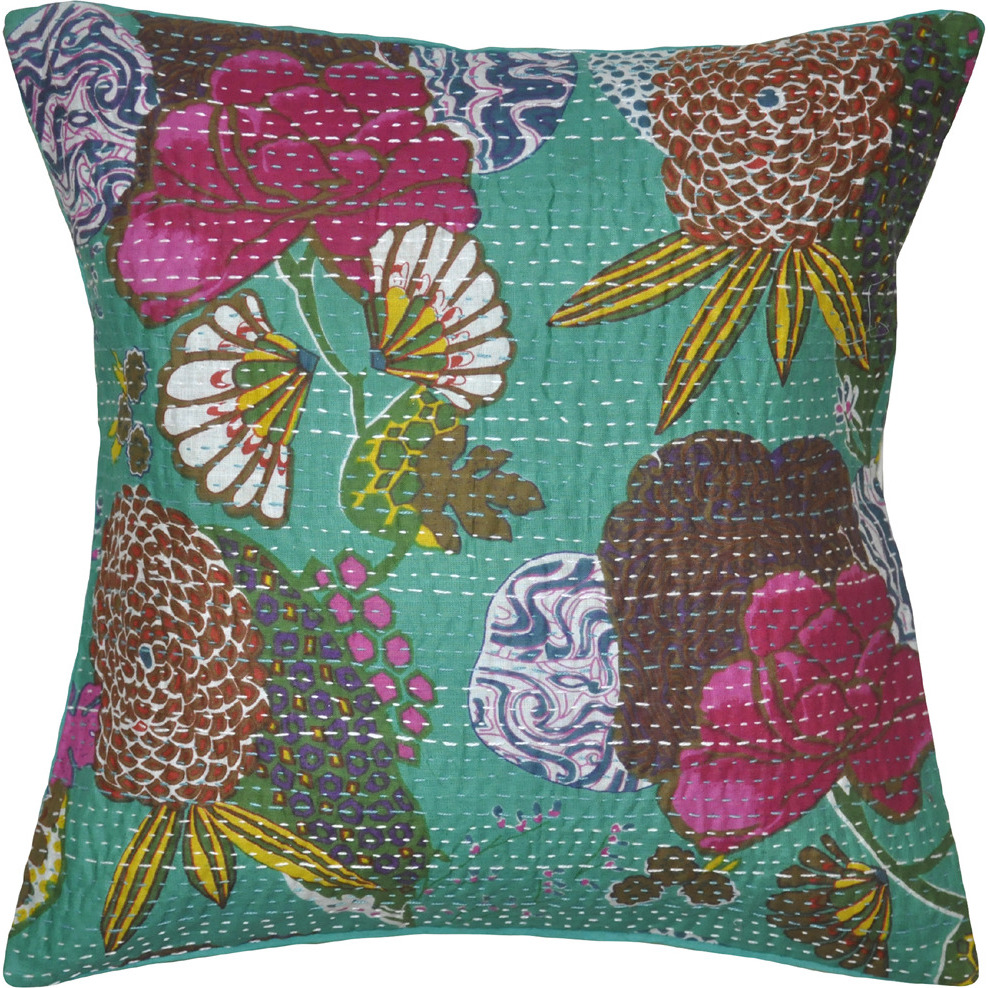 Green Cotton Cushion Covers Pair Indian Printed Handmade Pillow Case Throw 16X16