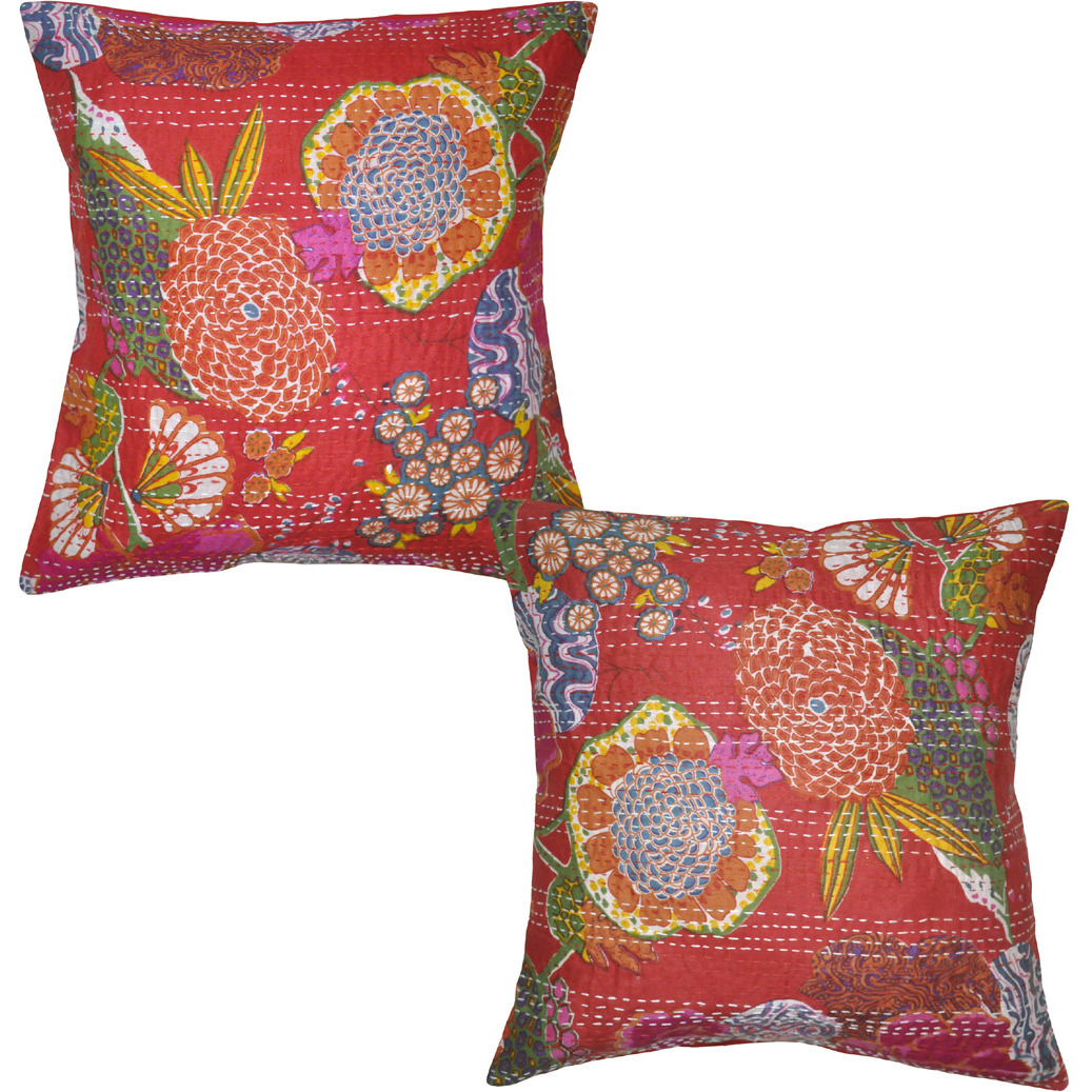 Handmade Cushion Covers Pair Block Printed Cotton Red Pillow Cases Throw 16X16 Inch