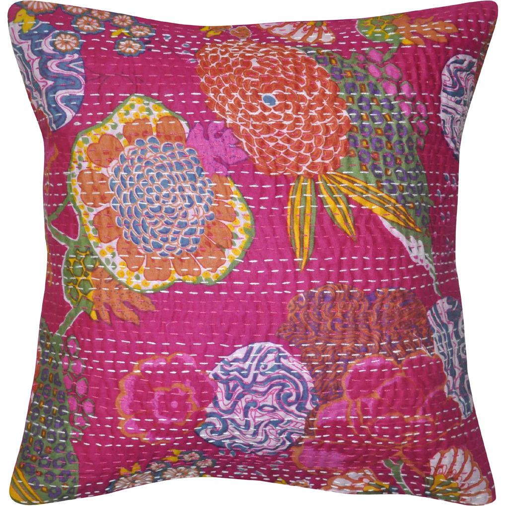 Ethnic Indian Designer Floral Printed Traditional Kantha Work Cotton Pillow Cushion Cover