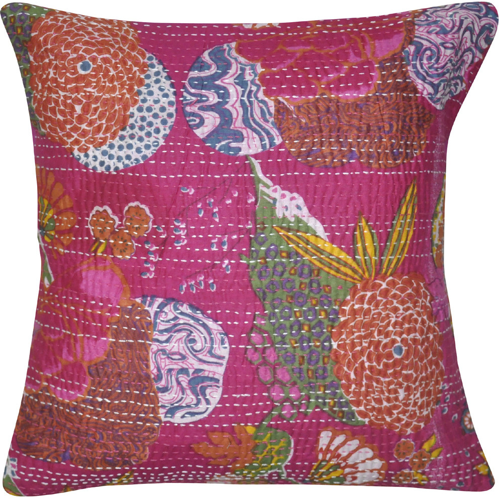 Ethnic Indian Designer Floral Printed Traditional Kantha Work Cotton Pillow Cushion Cover