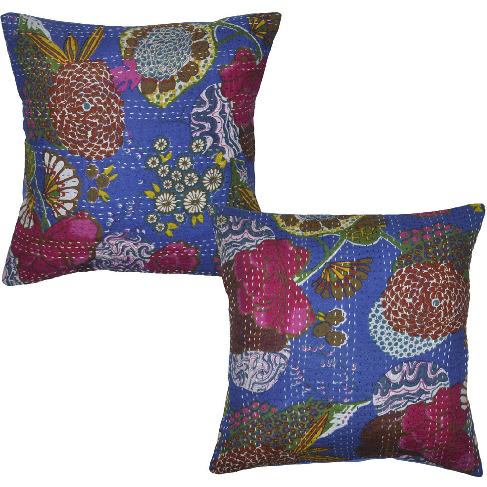 Indian Cotton Cushion Covers Pair Embroidered Blue Vintage Pillow Case Throw 41'