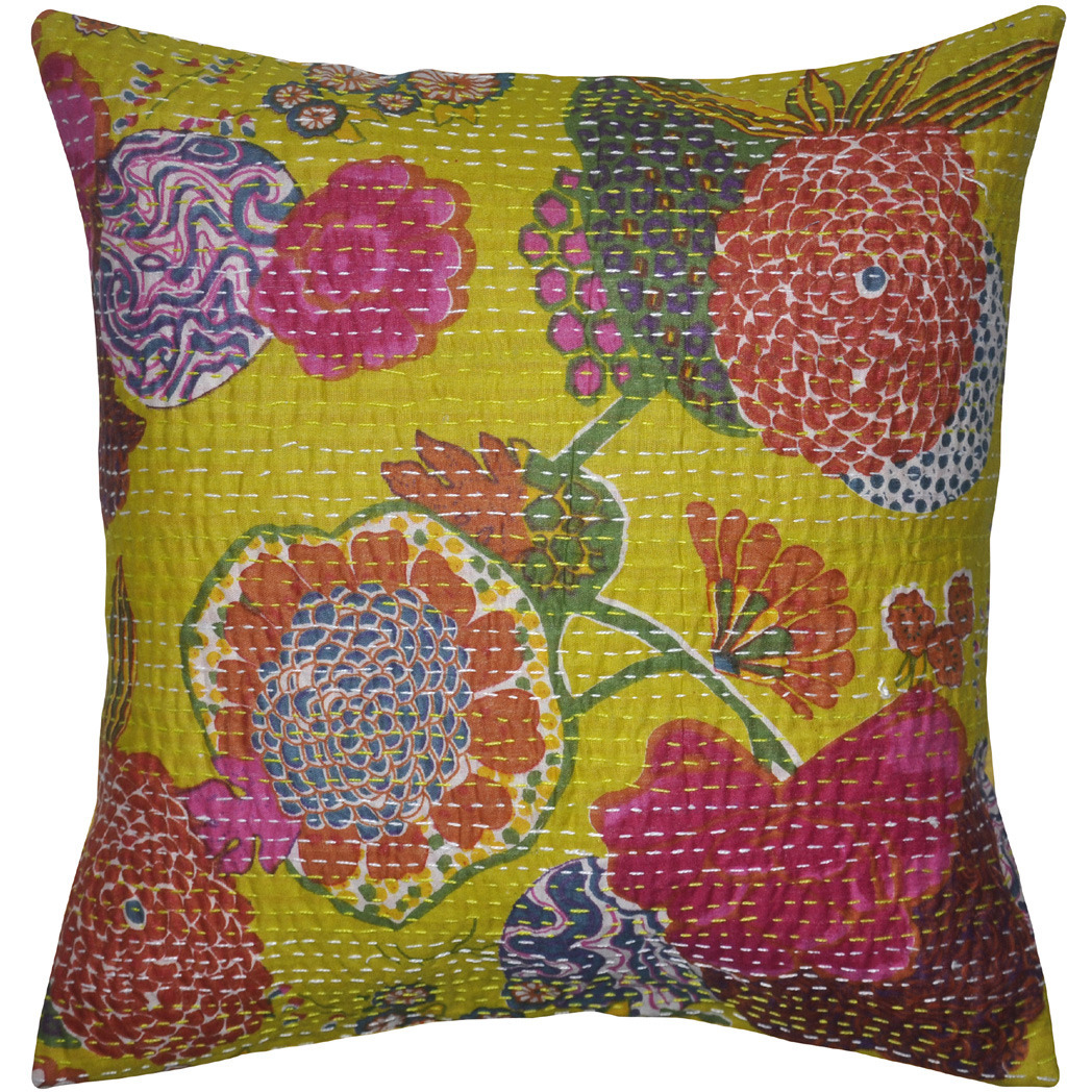 Handmade Fruit Printed Cushion Covers Set Kantha Yellow Pillow Cases Throw 41 Cm