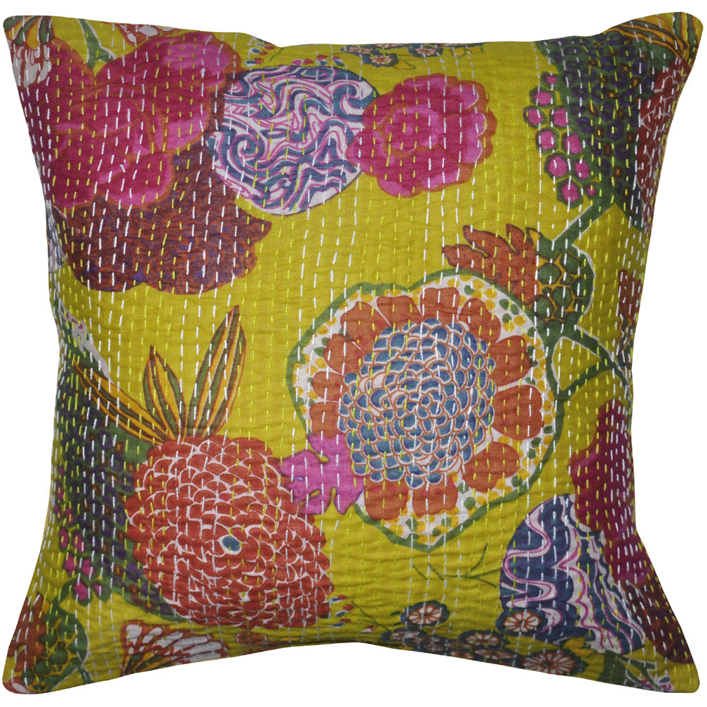 Handmade Fruit Printed Cushion Covers Set Kantha Yellow Pillow Cases Throw 41 Cm