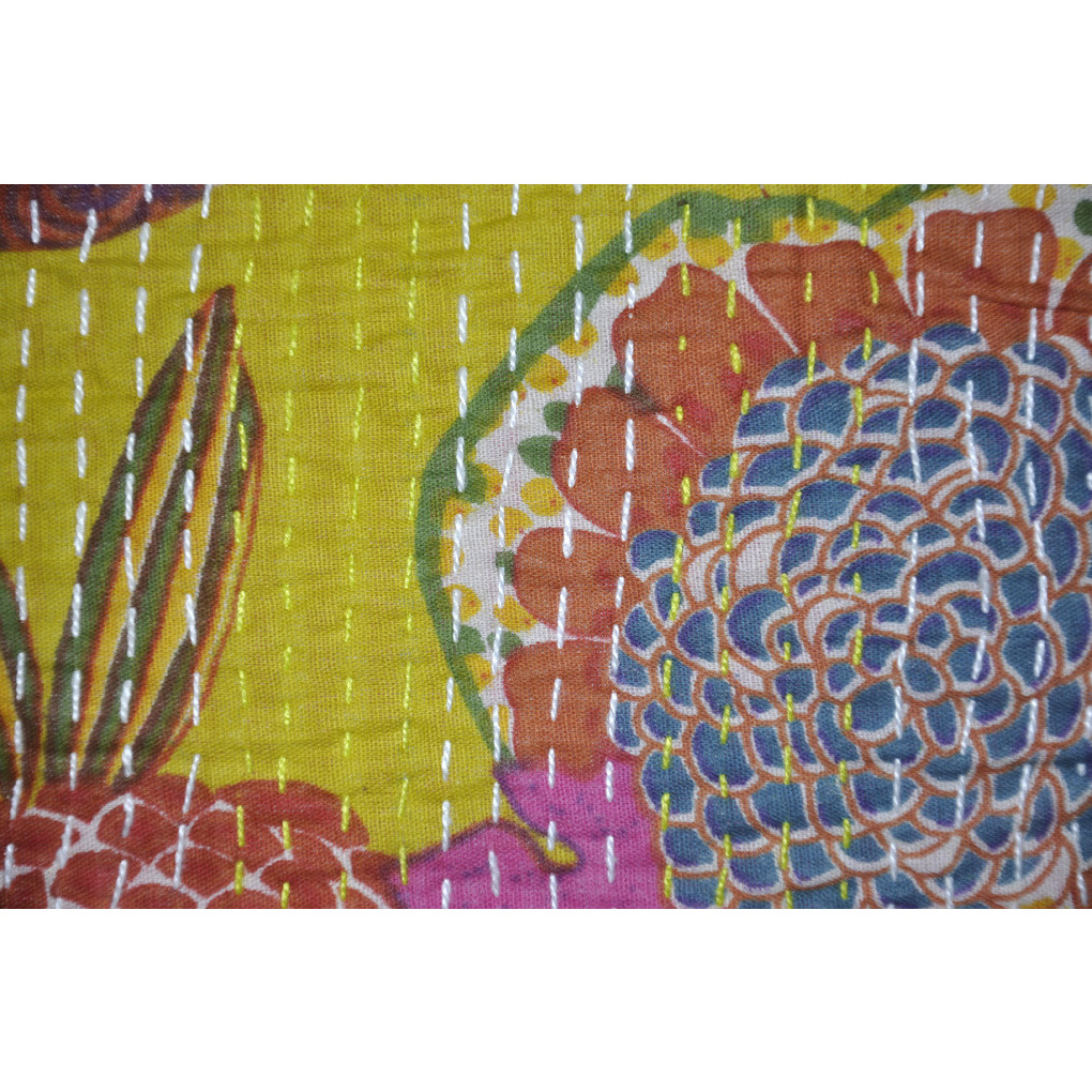 Handmade Fruit Printed Cushion Covers Set Kantha Yellow Pillow Cases Throw 41 Cm