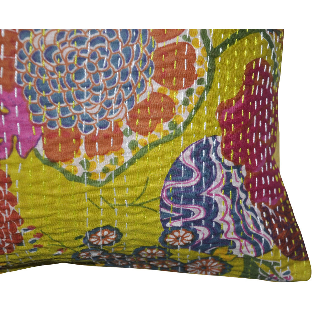 Handmade Fruit Printed Cushion Covers Set Kantha Yellow Pillow Cases Throw 41 Cm