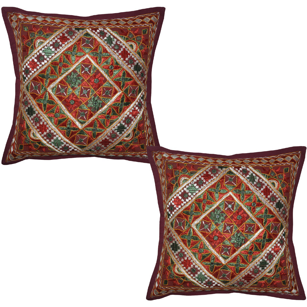 Vintage Mirror & Embroidery Work Design Cotton Cushion Cover 41 X 41 Cm Set O