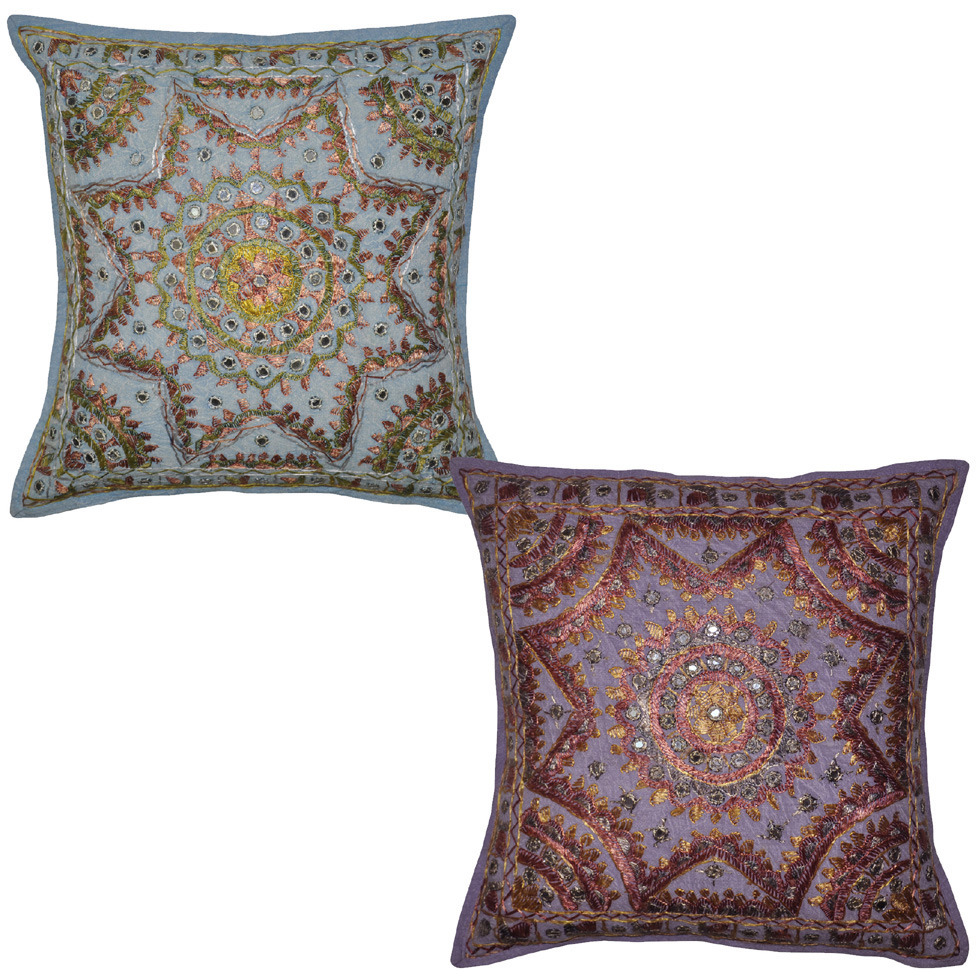 Vintage Embroidered Cushion Covers Pairs Mirror Cotton Pillow Throw Cases 16X16 Inch