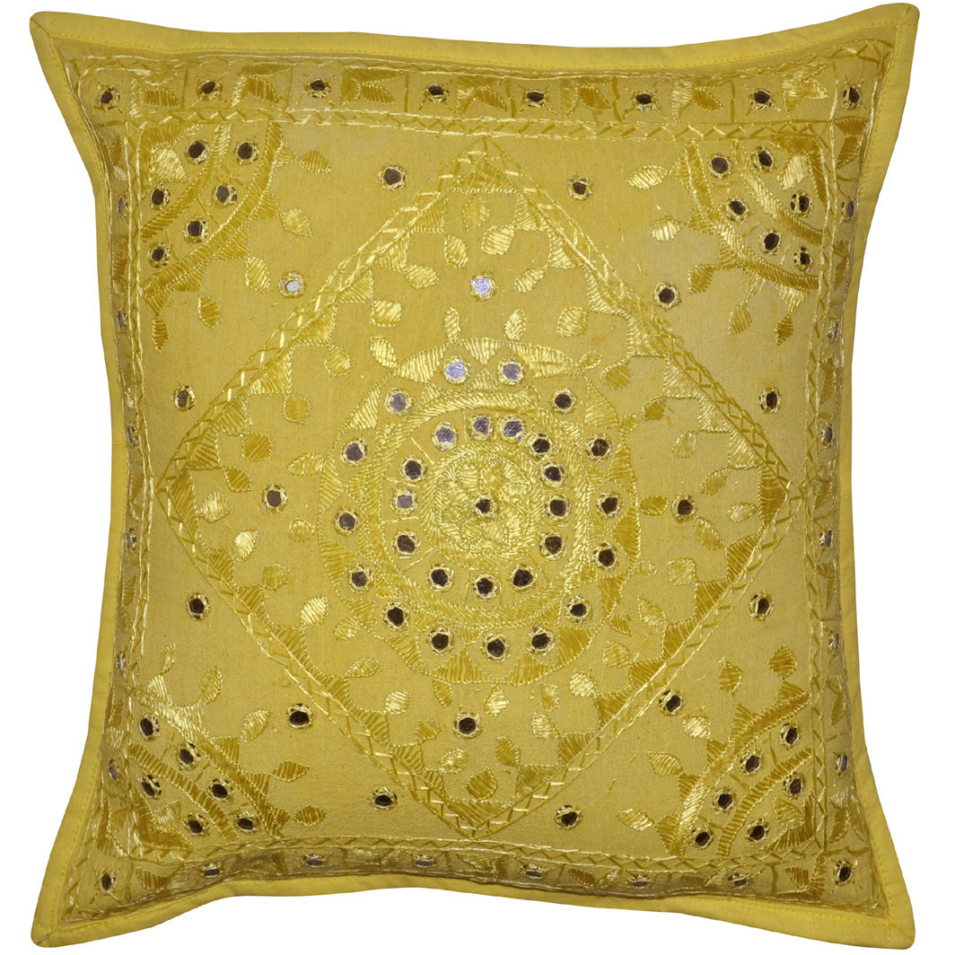 Yellow Cushion Covers Pair Indian Embroidered Handmade Cotton Pillow Case 16X16 Inch