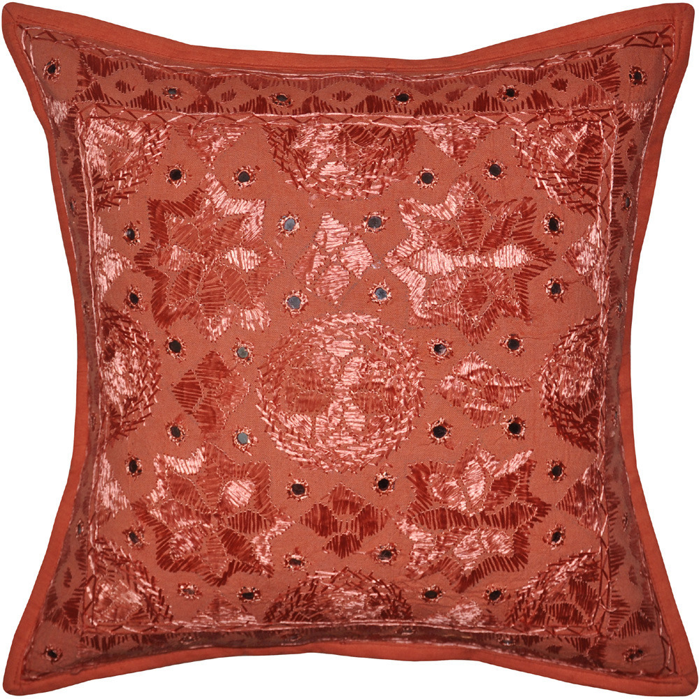Ethnic Cotton Cushion Covers Pair Orange Mirror Embroidered Sofa Pillowcases 16 Inch