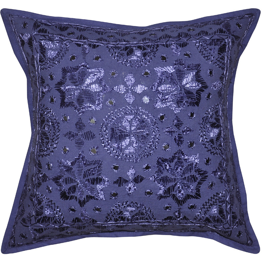 Vintage Embroidered Cushion Covers Pair Mirror Cotton Blue Pillowcases Throw 16 Inch