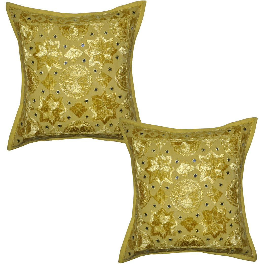 Indian Cotton Cushion Covers Pair Embroidered Mirror Yellow Pillow Cases Throw