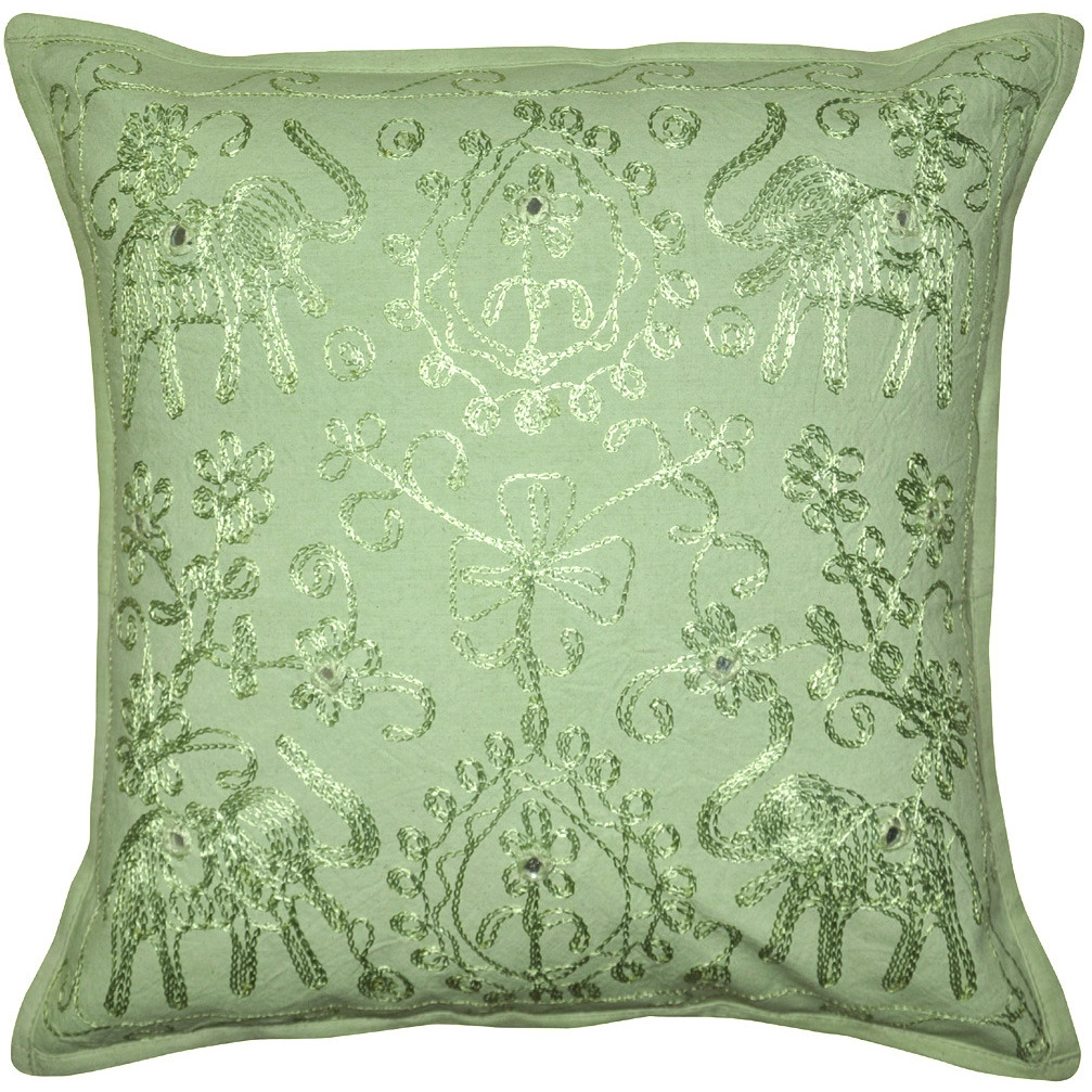 Indian Cushion Covers Pair Embroidere?d Green Cotton Pillow Cases Throw 16X16