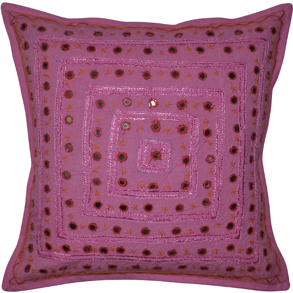 Jaipuri Hand Embroidered Ethnic Pink Color Cotton Mirror Cushion Cover 40 X 4
