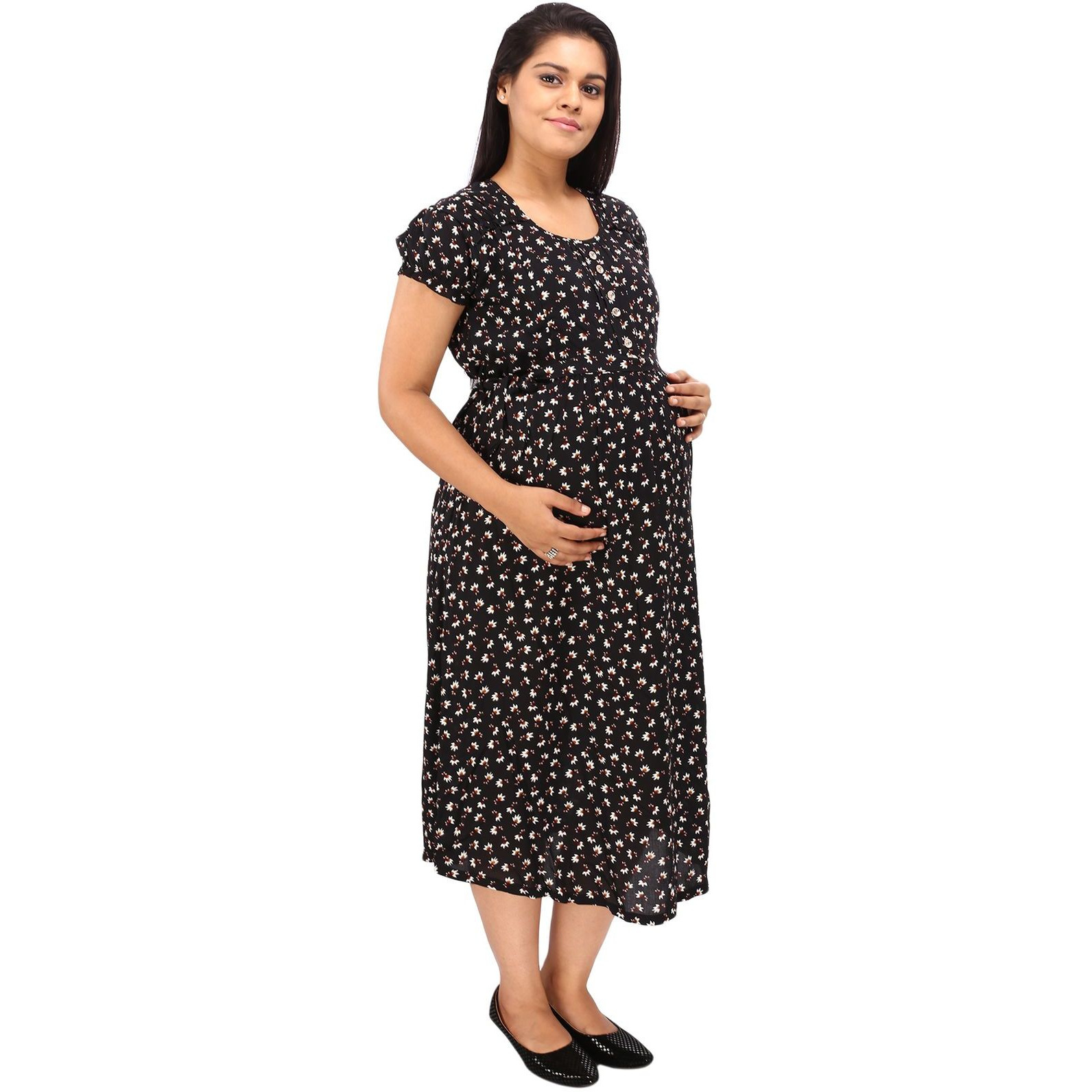 Mamma's Maternity Women's Rayon Black and cream Maternity Dress