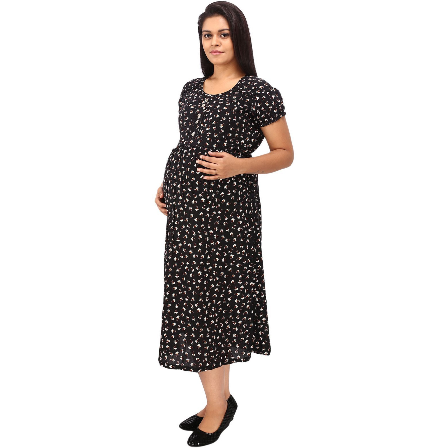 Mamma's Maternity Women's Rayon Black and cream Maternity Dress