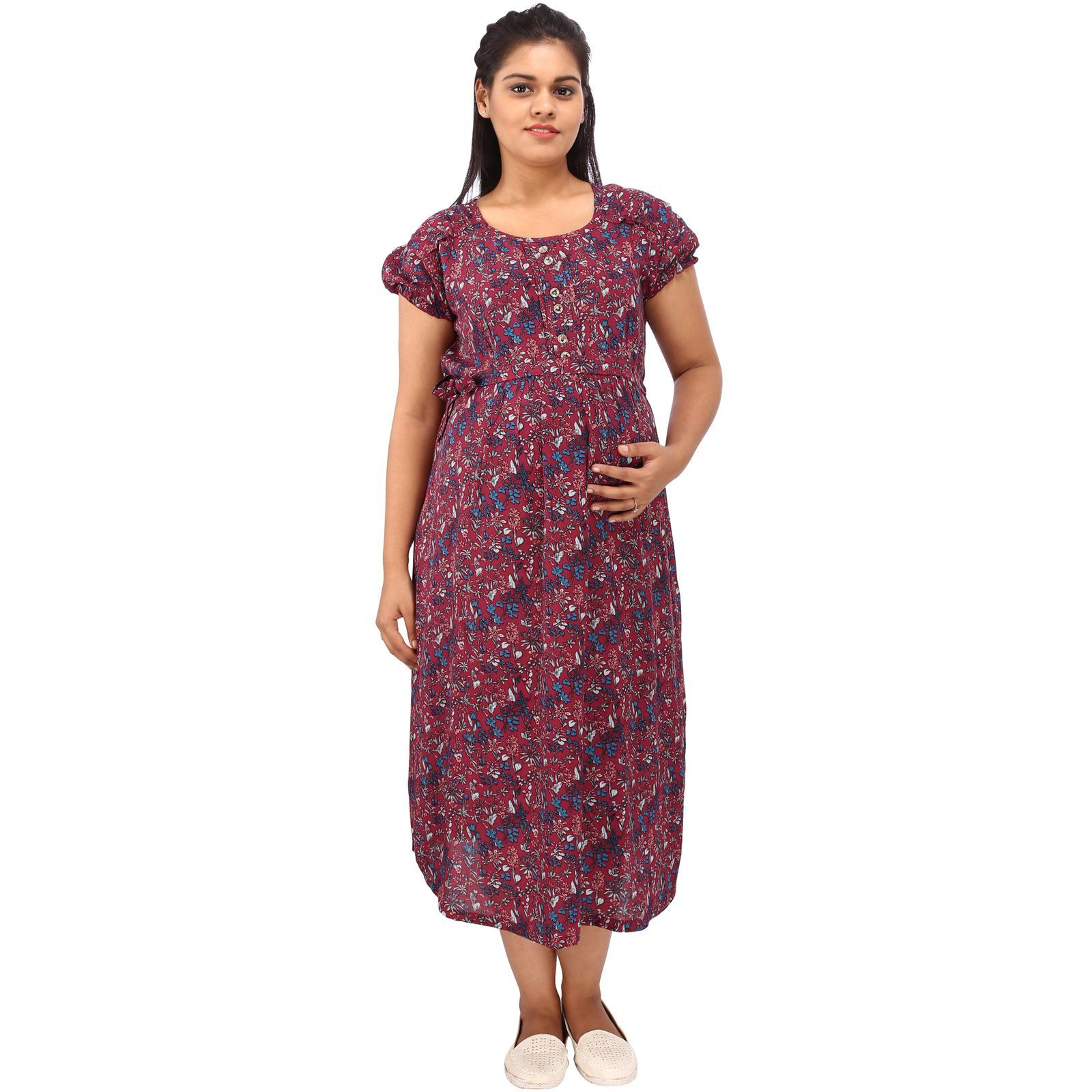 Mamma's Maternity Women's Rayon Maroon Printed Maternity Dress