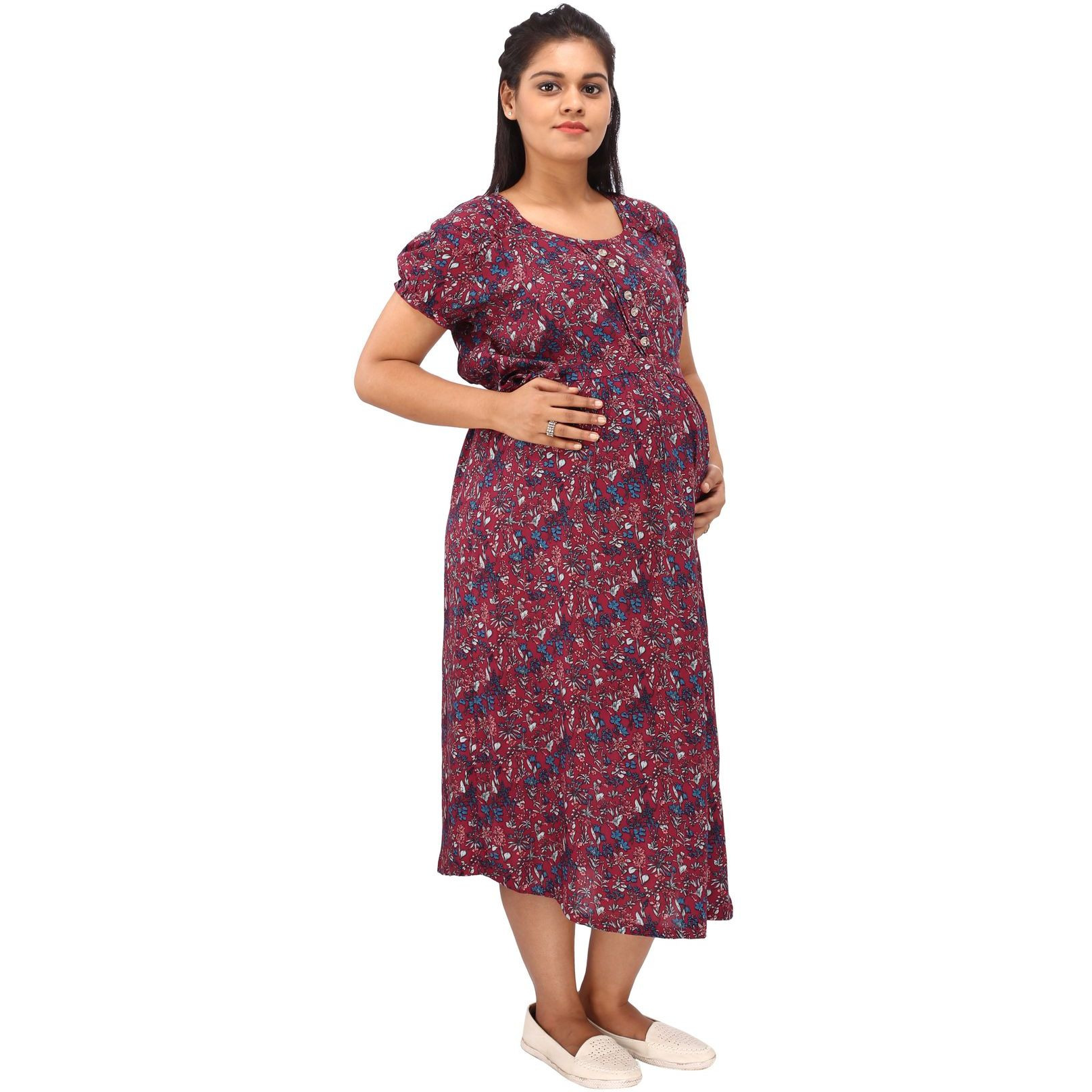 Mamma's Maternity Women's Rayon Maroon Printed Maternity Dress