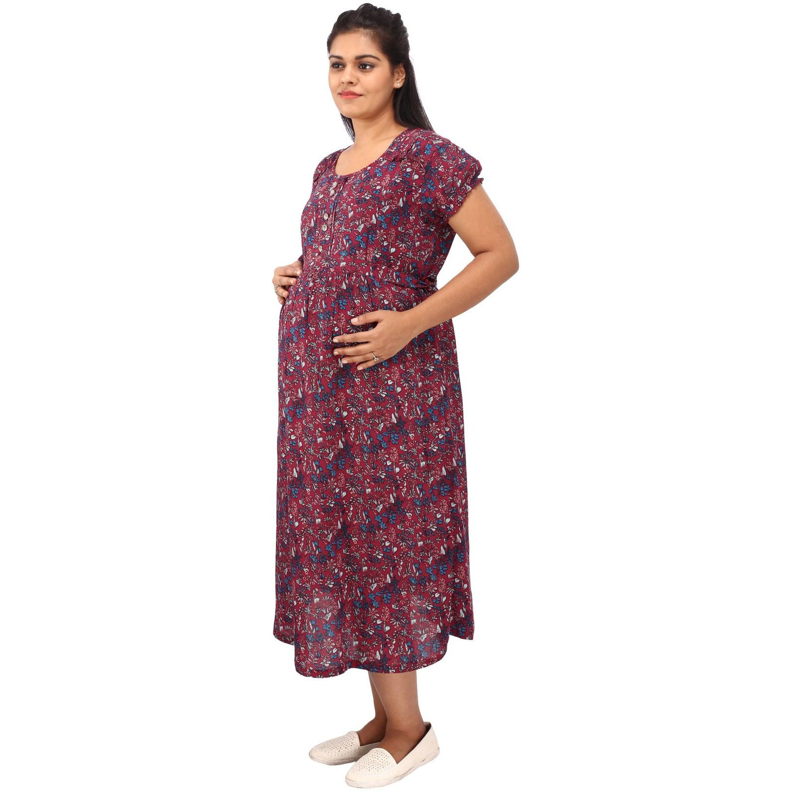 Mamma's Maternity Women's Rayon Maroon Printed Maternity Dress