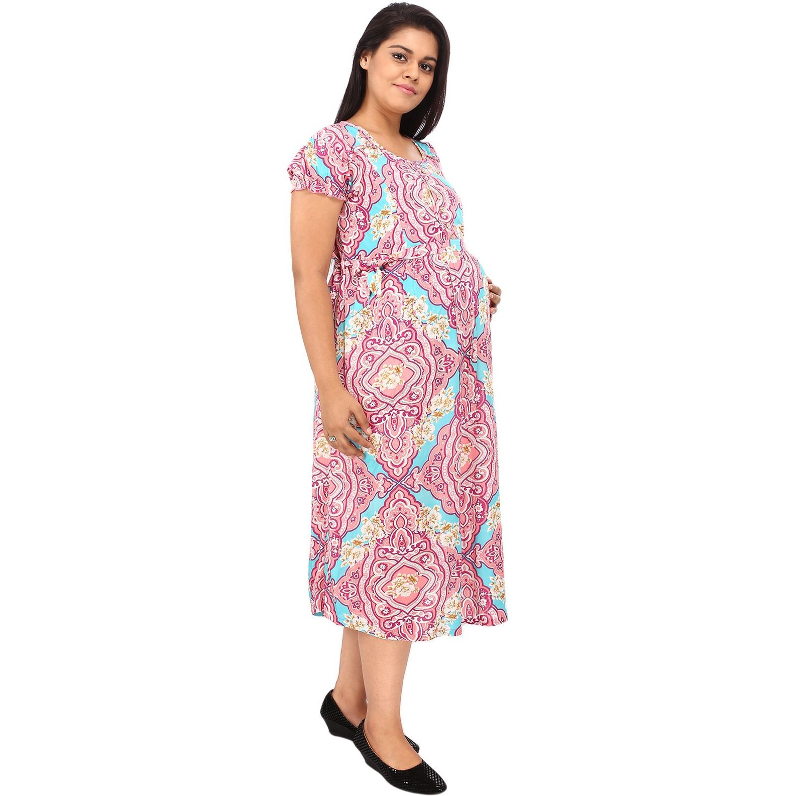 Mamma's Maternity Women's Rayon Peach Printed  Maternity Dress