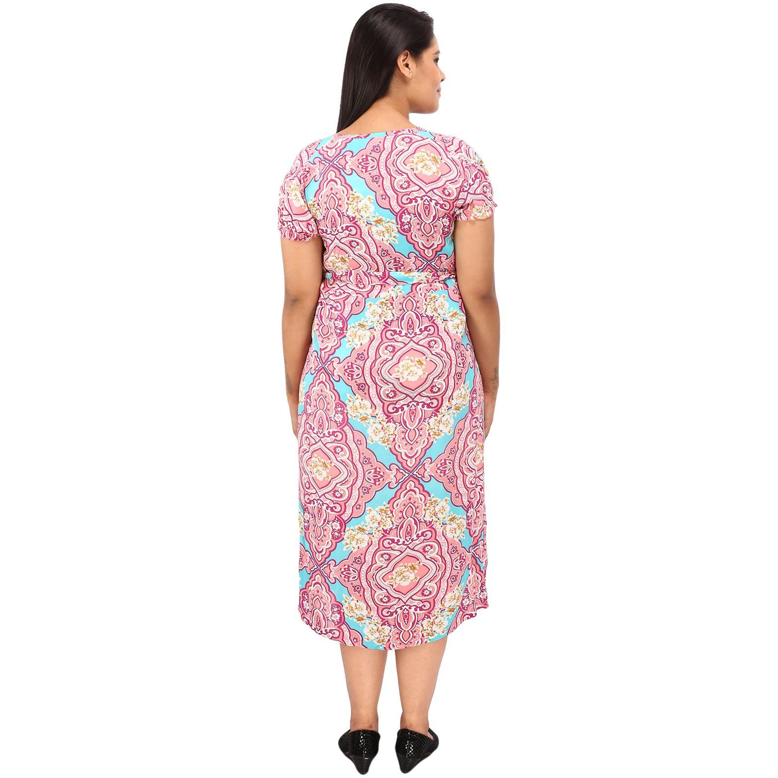 Mamma's Maternity Women's Rayon Peach Printed  Maternity Dress
