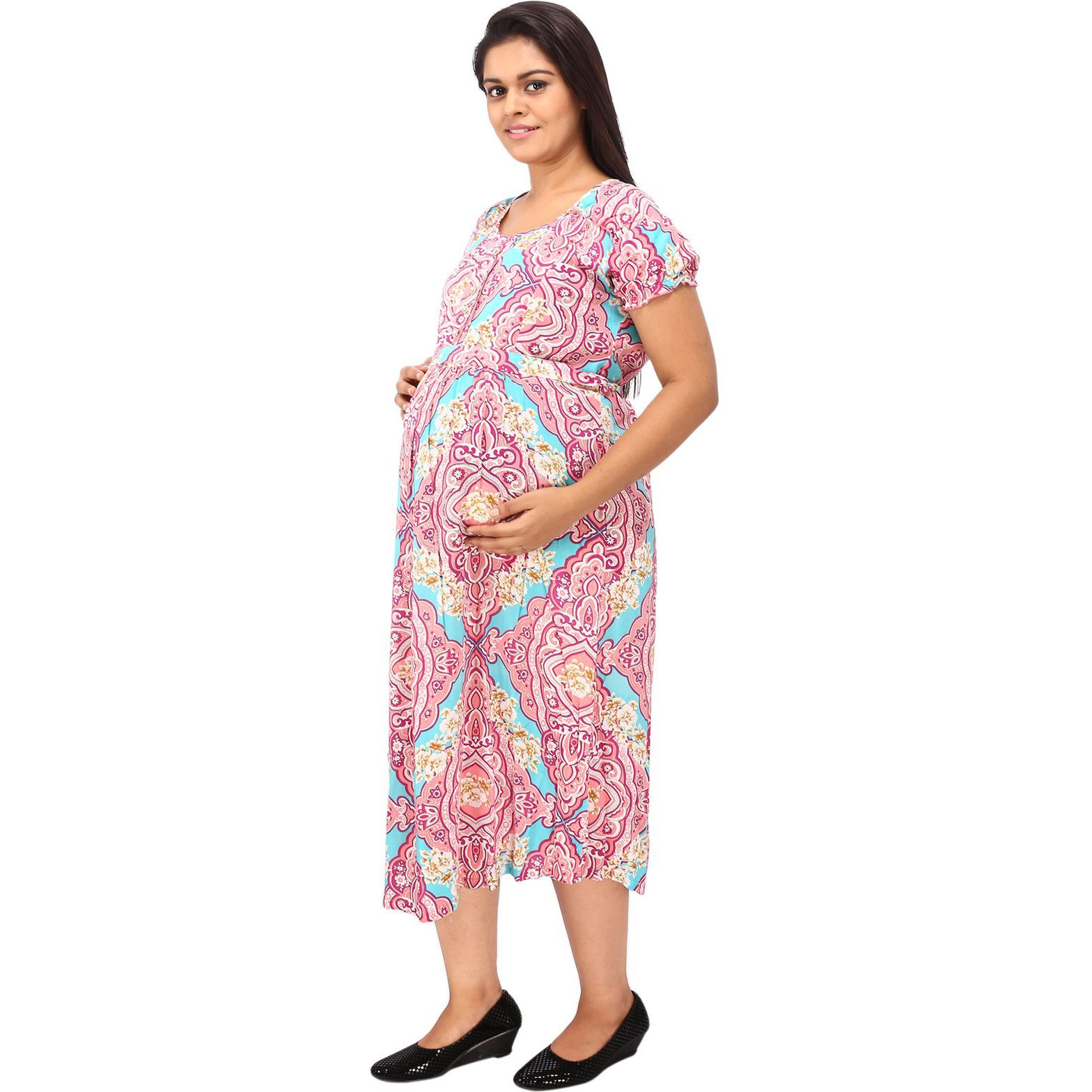 Mamma's Maternity Women's Rayon Peach Printed  Maternity Dress