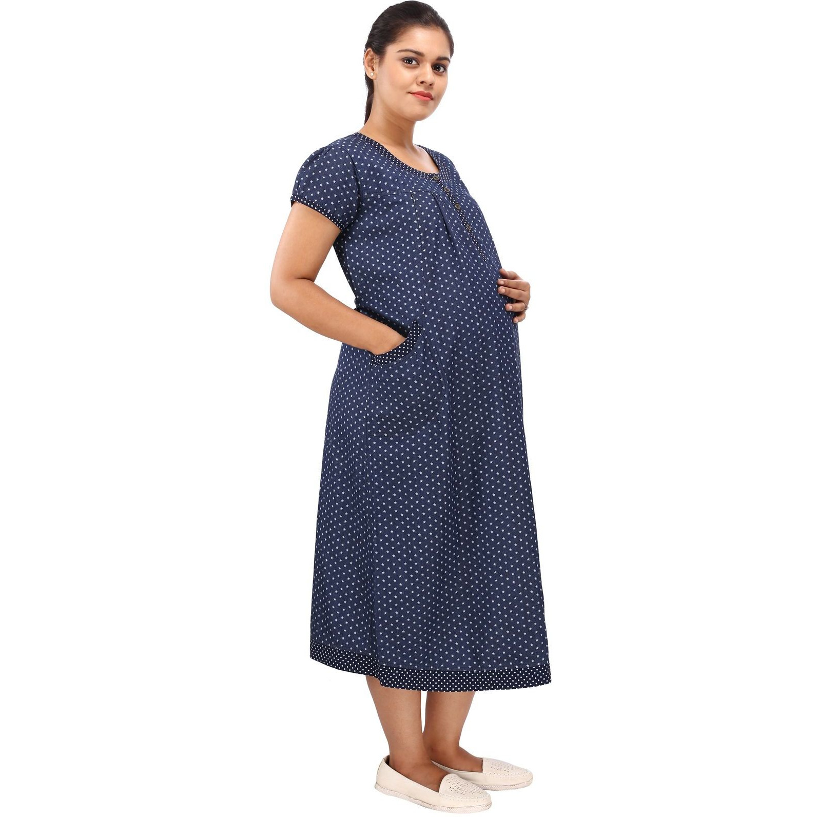 Mamma's Maternity Women's Star Printed Blue Denim Maternity Dress (Size:M)