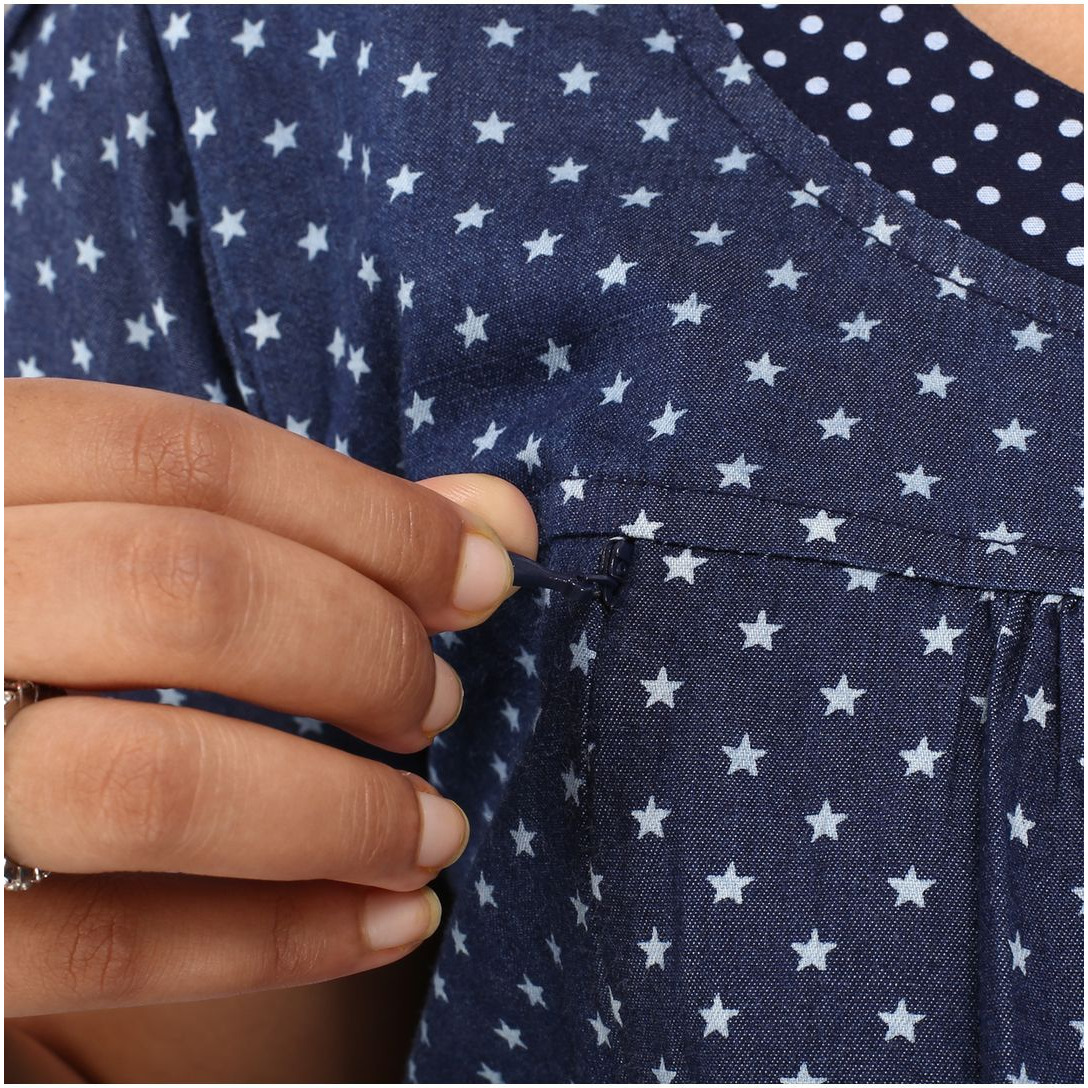 Mamma's Maternity Women's Star Printed Blue Denim Maternity Dress