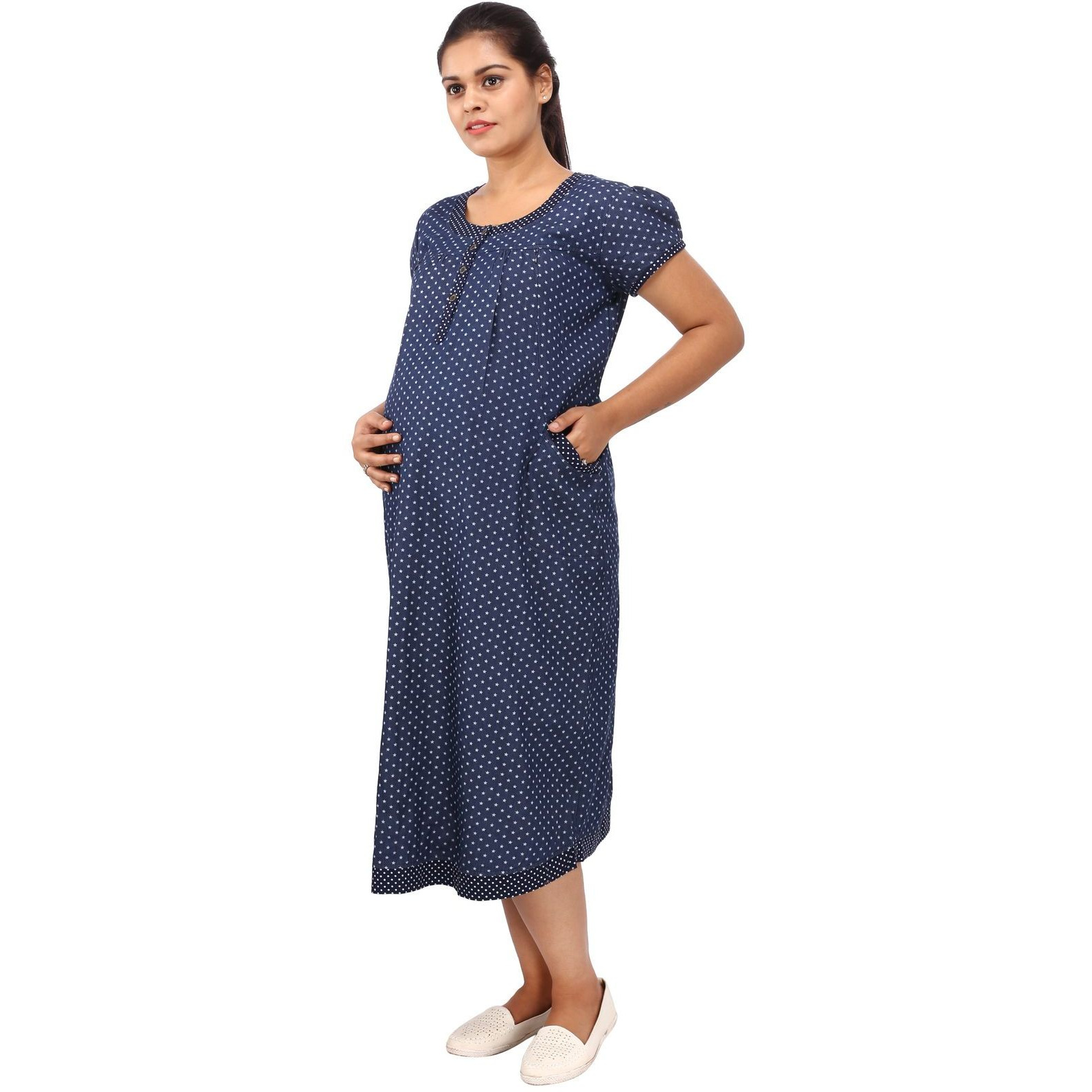 Mamma's Maternity Women's Star Printed Blue Denim Maternity Dress (Size:M)