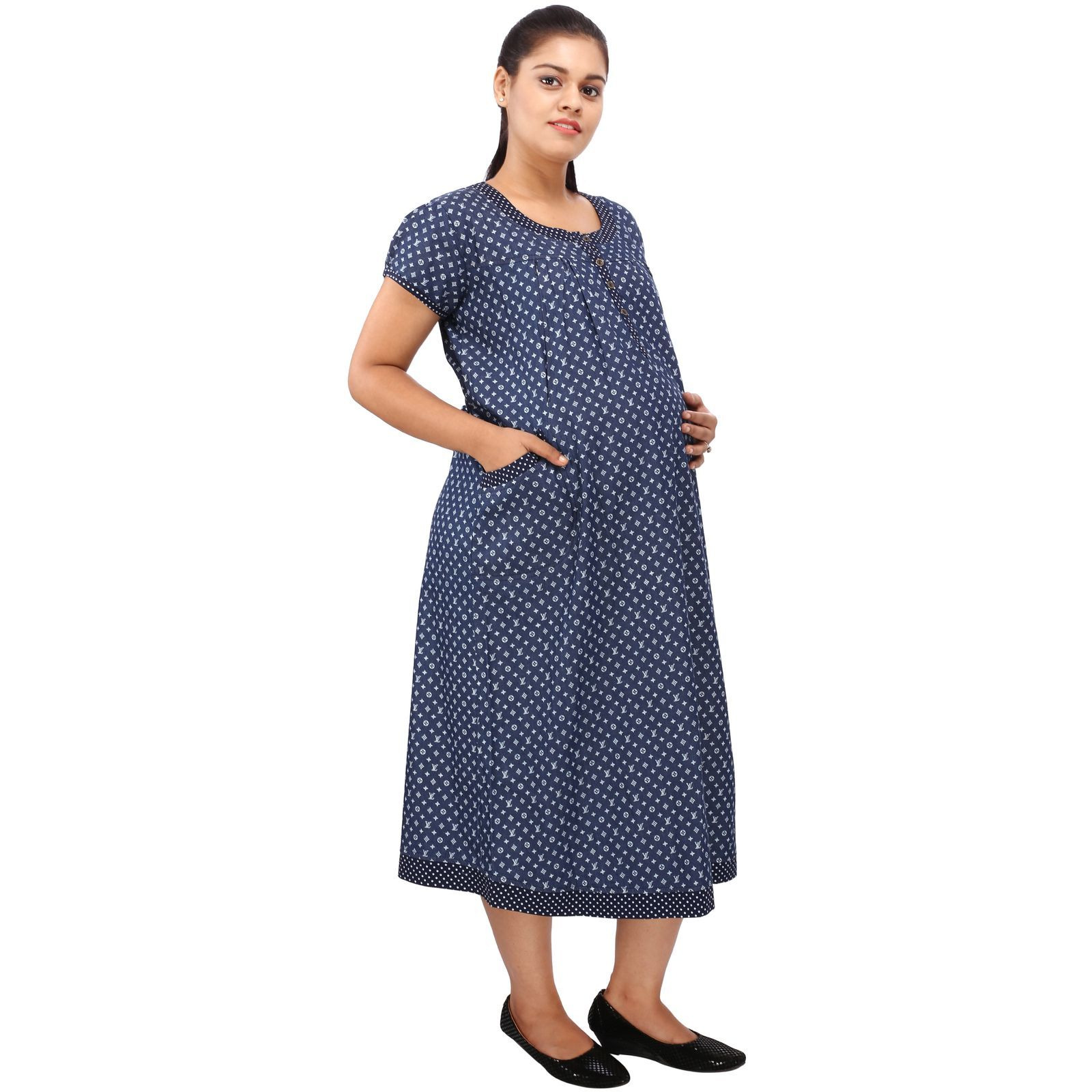 Mamma's Maternity Women's VL Printed Blue Denim Maternity Dress