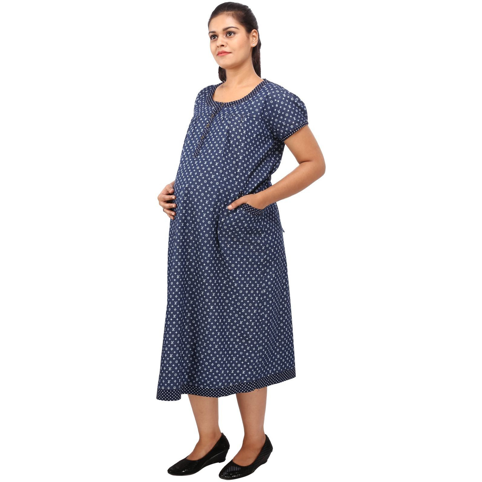 Mamma's Maternity Women's VL Printed Blue Denim Maternity Dress