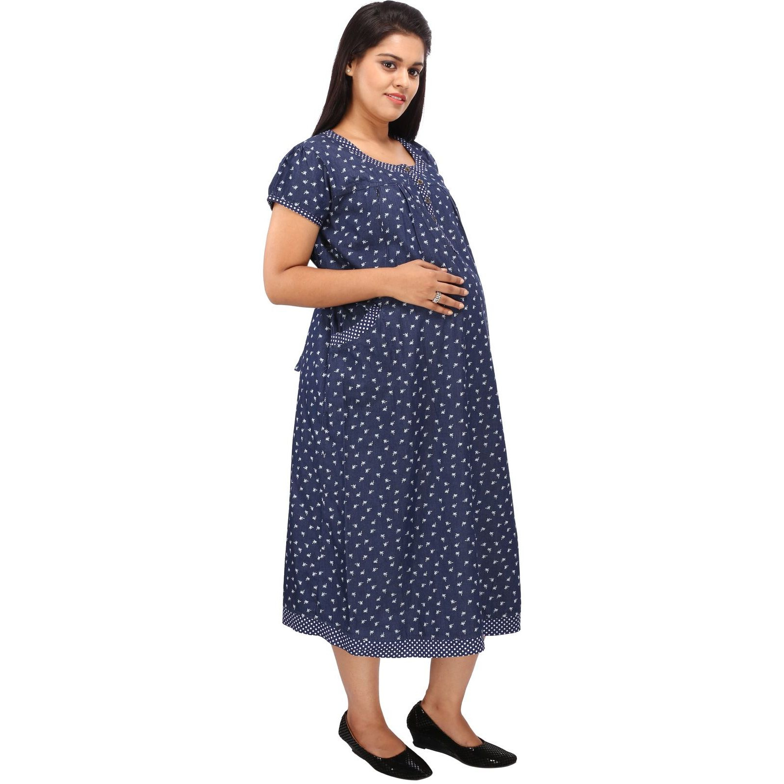 Mamma's Maternity Women's Coconut Tree Printed Blue Denim Maternity Dress