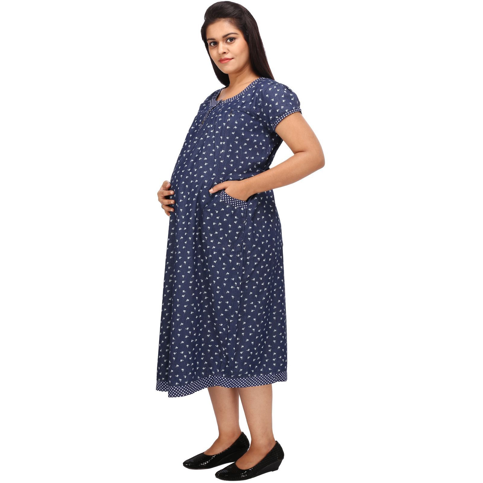 Mamma's Maternity Women's Coconut Tree Printed Blue Denim Maternity Dress
