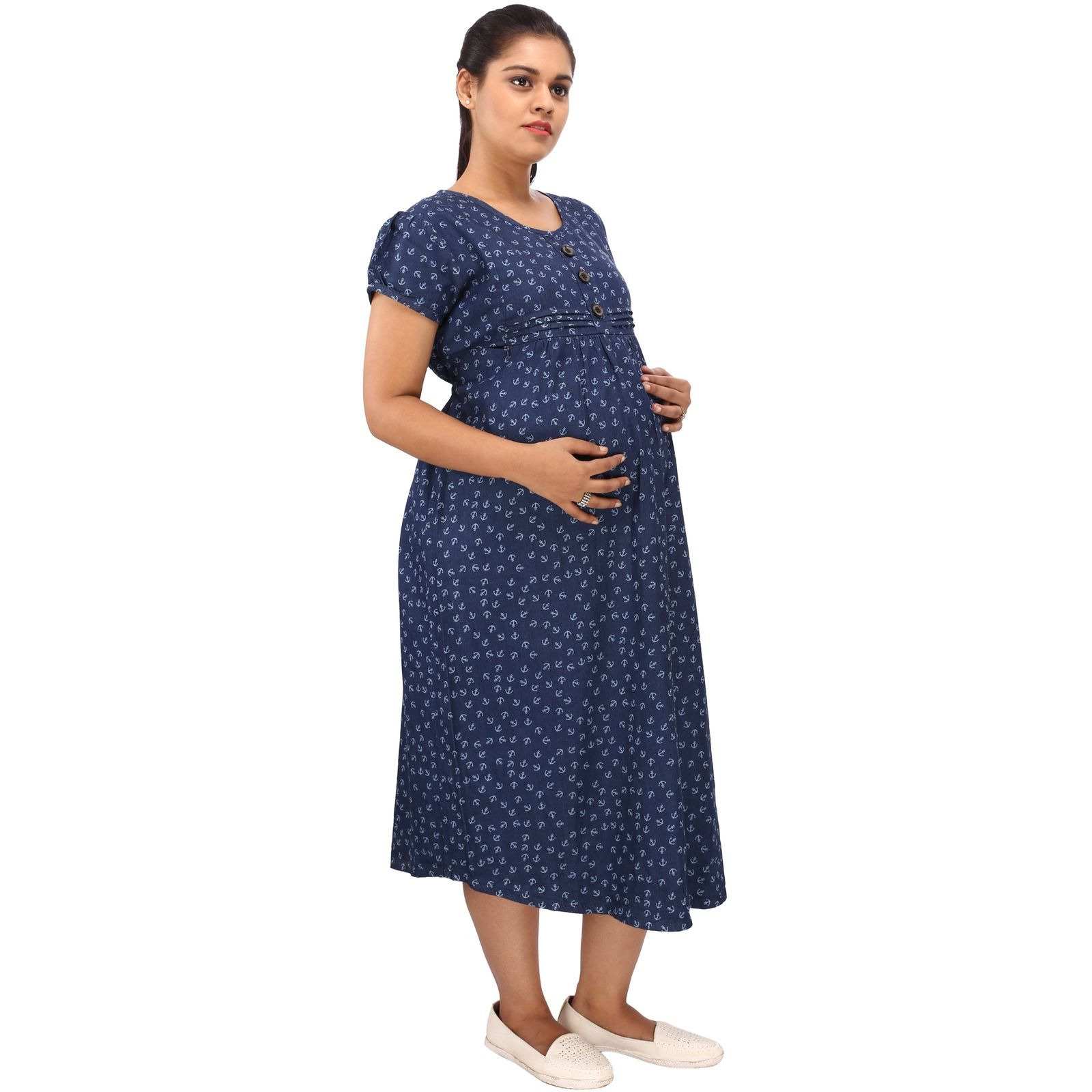 Mamma's Maternity Women's Hook Printed Blue Denim Maternity Dress