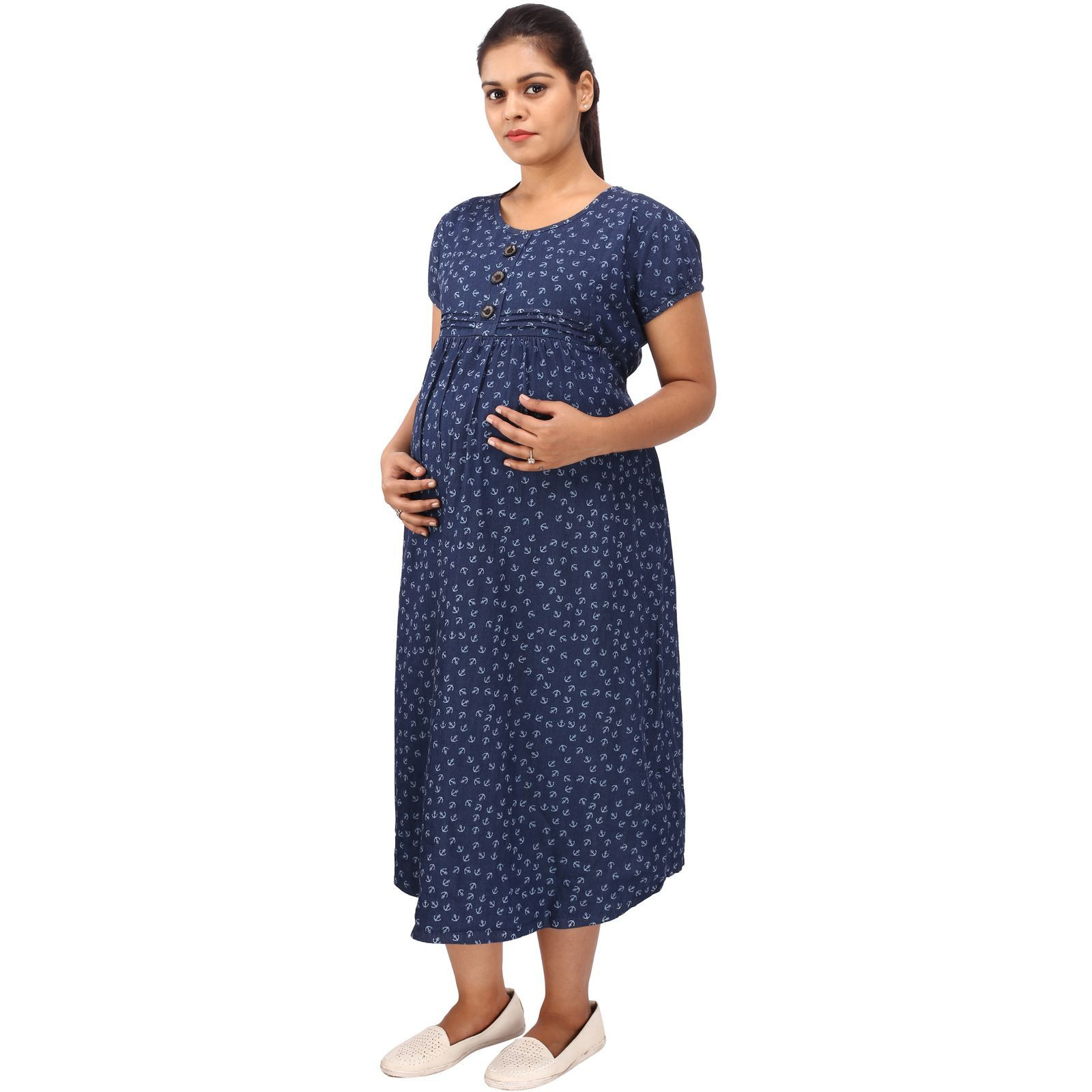 Mamma's Maternity Women's Hook Printed Blue Denim Maternity Dress