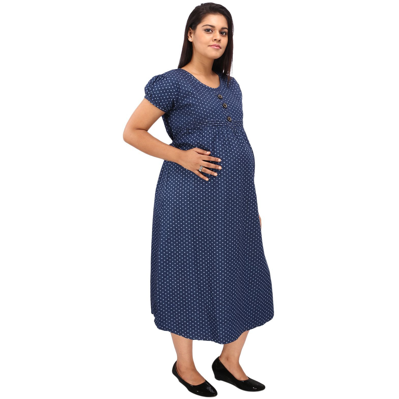 Mamma's Maternity Women's Star Printed Blue Denim Maternity Dress
