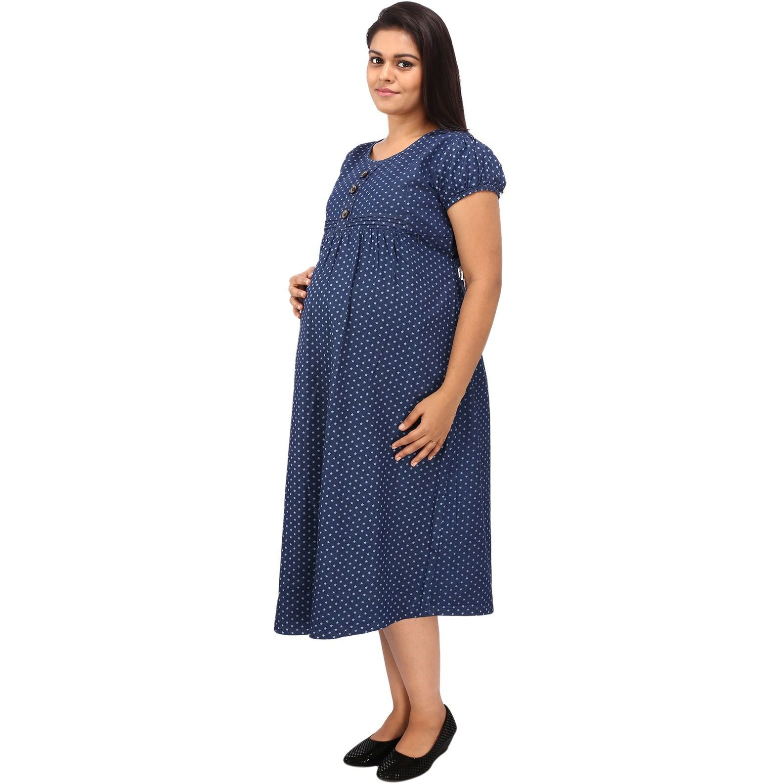 Mamma's Maternity Women's Star Printed Blue Denim Maternity Dress