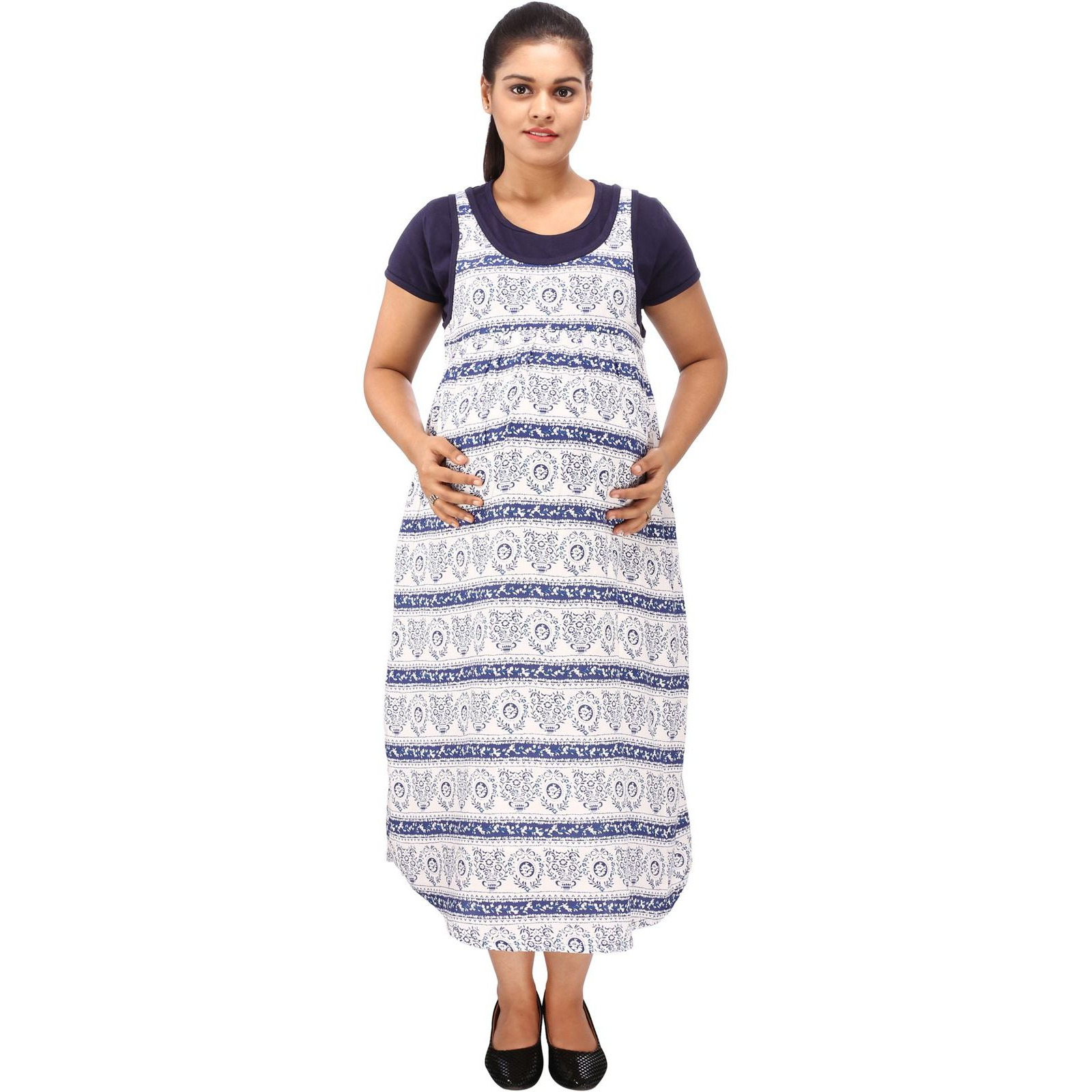 Mamma's Maternity Women's Rayon Printed Blue Maternity Dress (Size:M)